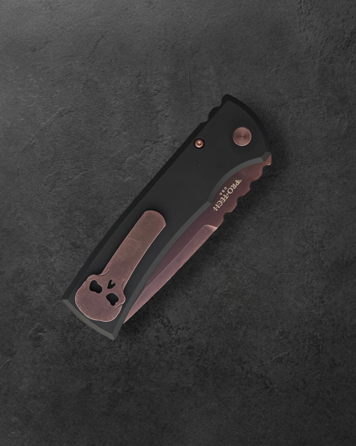 Pro-Tech-Pro-Tech x Chaves 229 Redencion AUTO - Black Handles - Copper Rose PVD Drop Point S35vn Blade - Black Lip Pearl Button - Matching Copper Rose Hardware and Steel Milled Skull Clip-4-Urban Cutlery