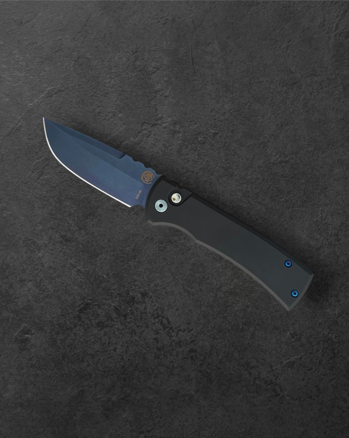 Pro-Tech-Pro-Tech x Chaves 229 Redencion AUTO - Black Handles -Sapphire Blue PVD Drop Point S35vn Blade - Abalone Button - Matching Sapphire Blue Hardware and Steel Milled Skull Clip-1-Urban Cutlery