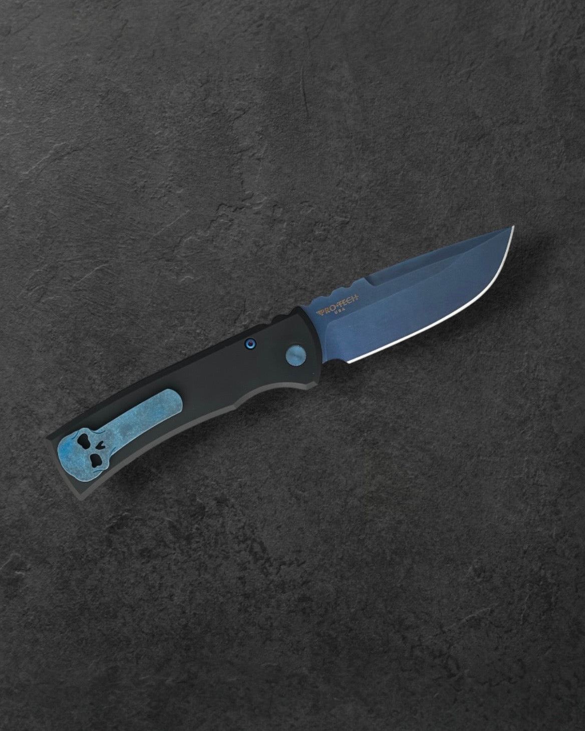 Pro-Tech-Pro-Tech x Chaves 229 Redencion AUTO - Black Handles -Sapphire Blue PVD Drop Point S35vn Blade - Abalone Button - Matching Sapphire Blue Hardware and Steel Milled Skull Clip-2-Urban Cutlery