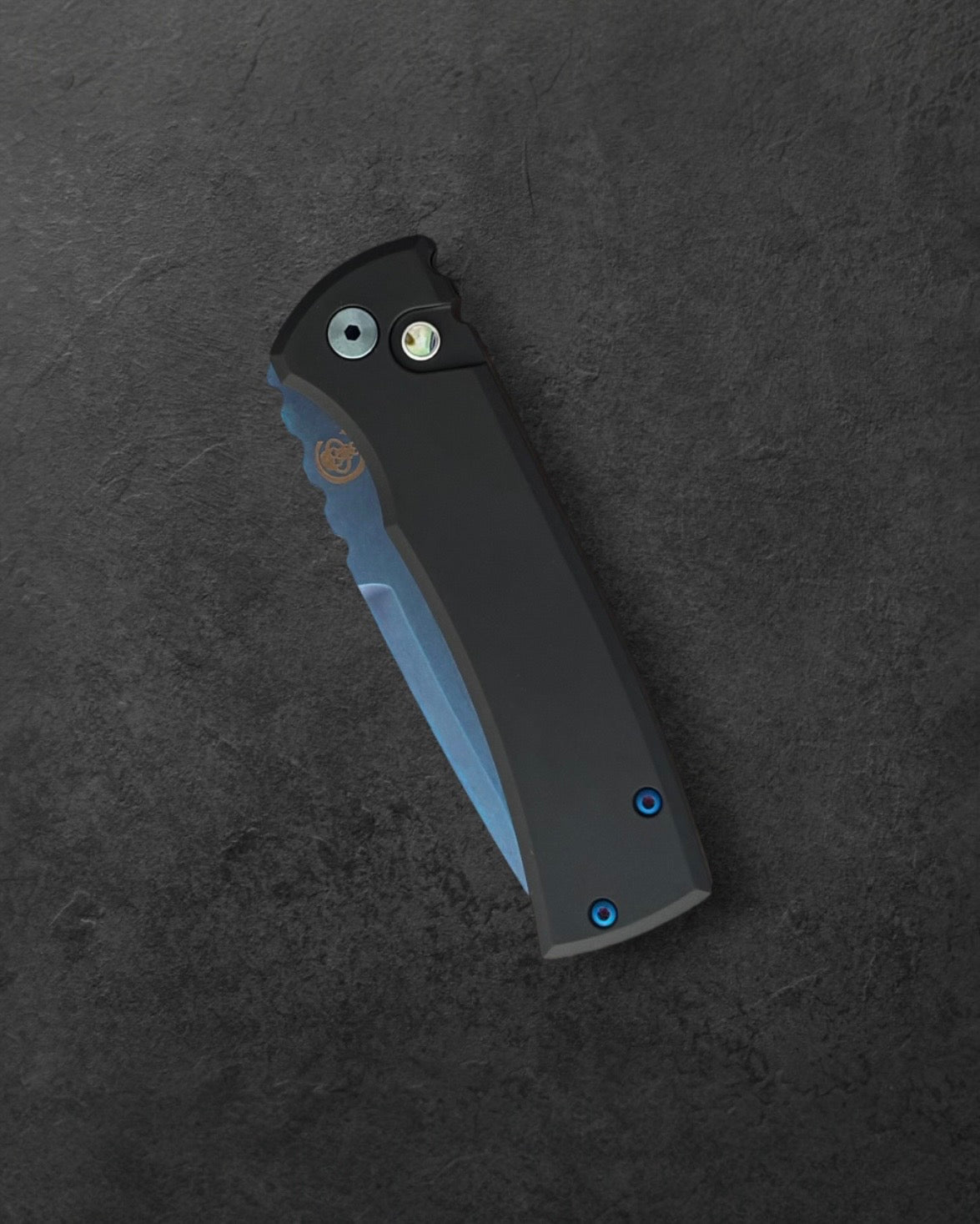 Pro-Tech-Pro-Tech x Chaves 229 Redencion AUTO - Black Handles -Sapphire Blue PVD Drop Point S35vn Blade - Abalone Button - Matching Sapphire Blue Hardware and Steel Milled Skull Clip-3-Urban Cutlery