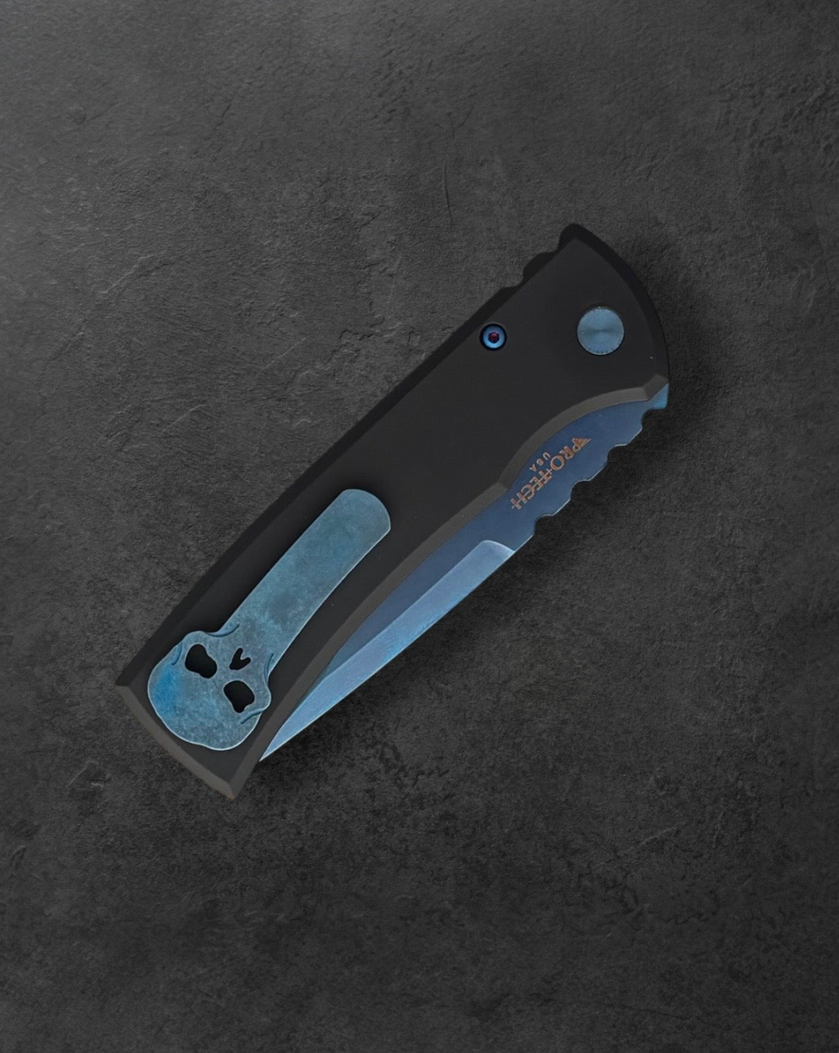 Pro-Tech-Pro-Tech x Chaves 229 Redencion AUTO - Black Handles -Sapphire Blue PVD Drop Point S35vn Blade - Abalone Button - Matching Sapphire Blue Hardware and Steel Milled Skull Clip-4-Urban Cutlery