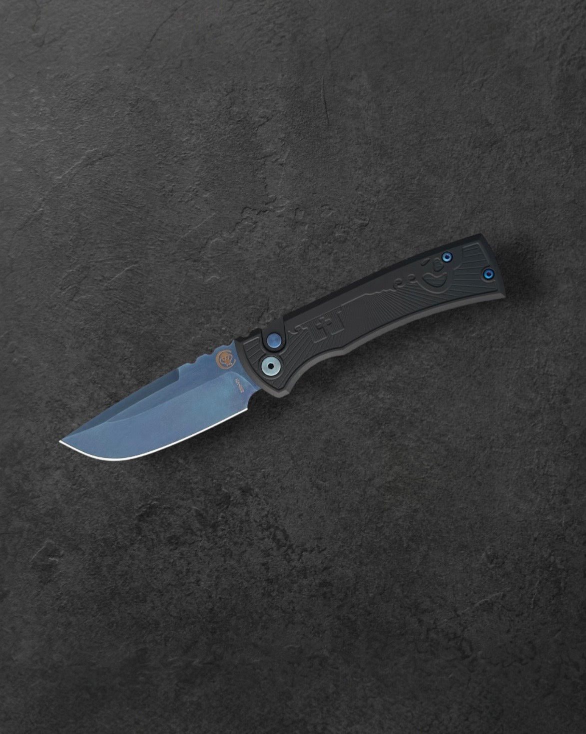 Pro-Tech-Pro-Tech x Chaves 229 Redencion AUTO - Black Key Milled Handles -Sapphire Blue PVD Drop Point S35vn Blade - Matching Sapphire Blue Hardware and Steel Milled Skull Clip-1-Urban Cutlery