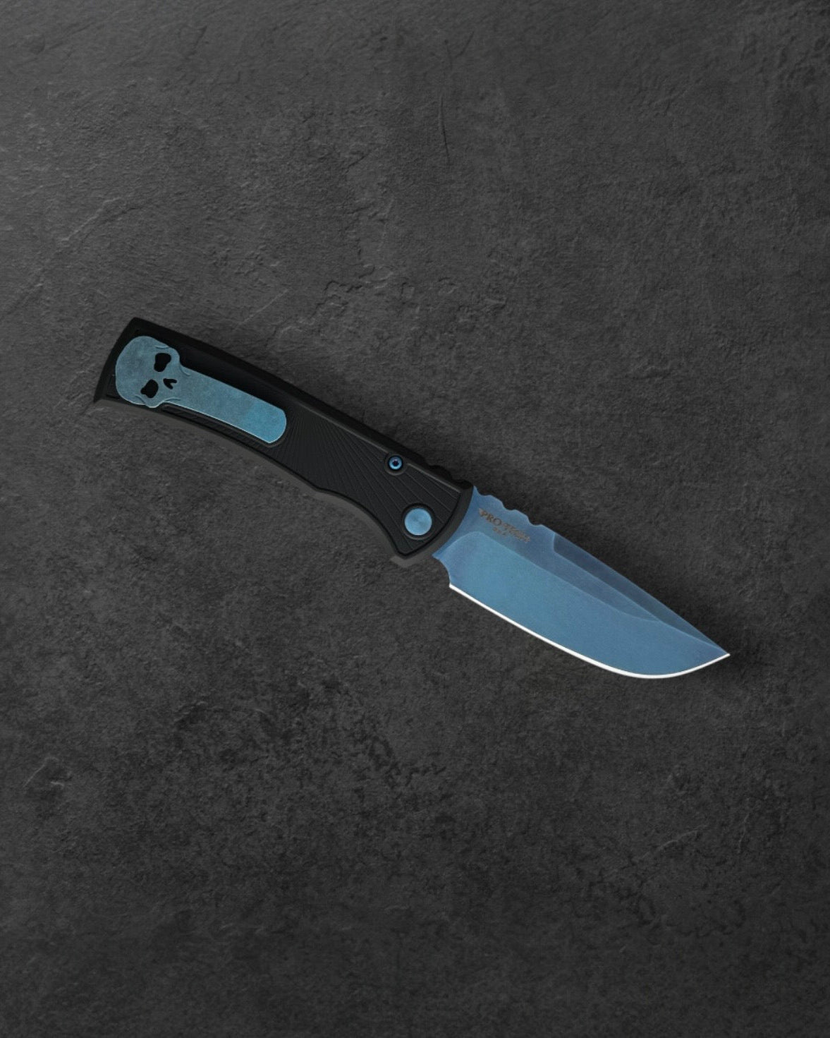 Pro-Tech-Pro-Tech x Chaves 229 Redencion AUTO - Black Key Milled Handles -Sapphire Blue PVD Drop Point S35vn Blade - Matching Sapphire Blue Hardware and Steel Milled Skull Clip-2-Urban Cutlery