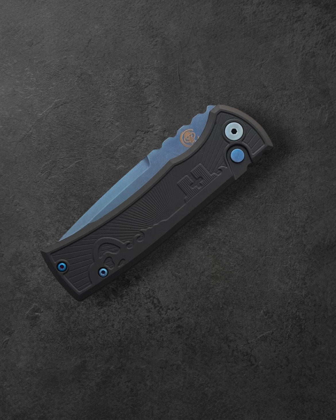 Pro-Tech-Pro-Tech x Chaves 229 Redencion AUTO - Black Key Milled Handles -Sapphire Blue PVD Drop Point S35vn Blade - Matching Sapphire Blue Hardware and Steel Milled Skull Clip-3-Urban Cutlery