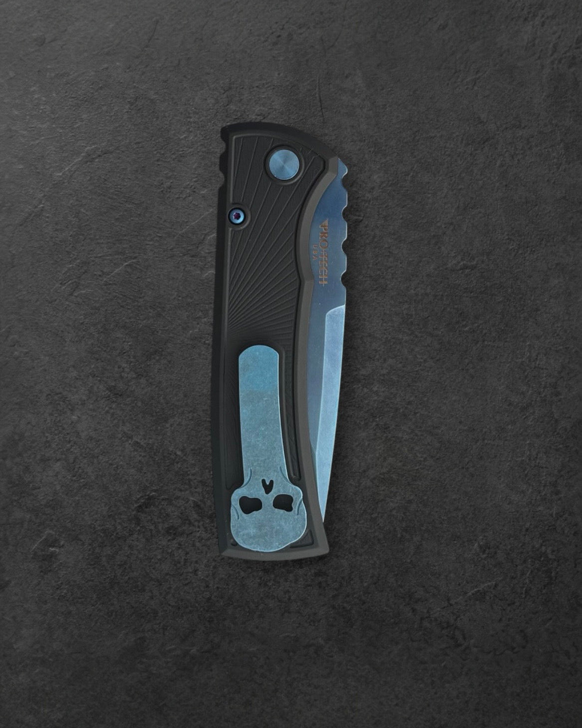 Pro-Tech-Pro-Tech x Chaves 229 Redencion AUTO - Black Key Milled Handles -Sapphire Blue PVD Drop Point S35vn Blade - Matching Sapphire Blue Hardware and Steel Milled Skull Clip-4-Urban Cutlery