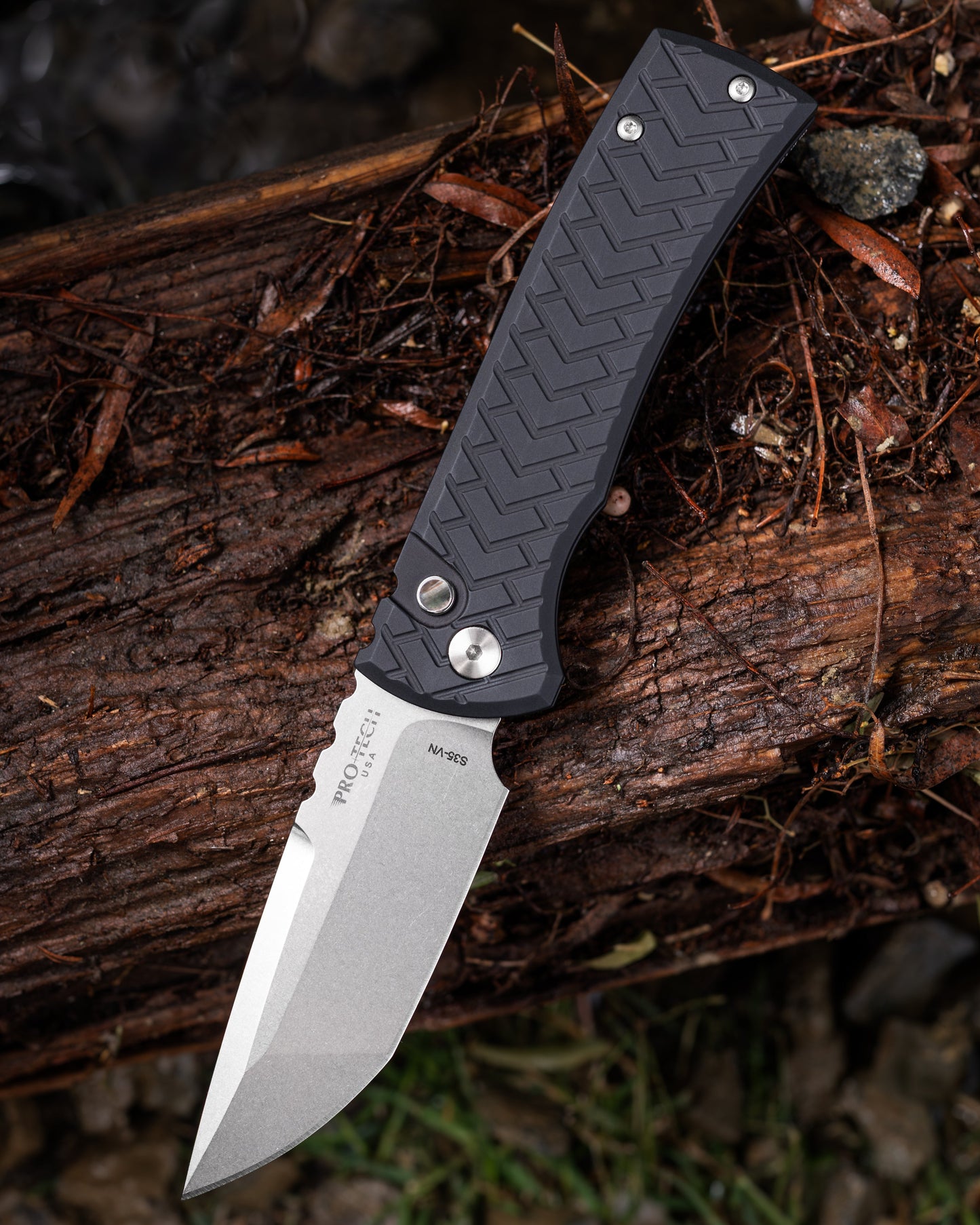 Pro-Tech-Pro-Tech x Chaves BST26.Redencion.1 Blade Show Texas 26 Exclusive 229 Redencion AUTO - Black "Tread" Milled Handles - Stonewash Tanto S35vn Blade - Black Lip Pearl Button - DLC Black Steel Milled Skull Clip /50-1-Urban Cutlery