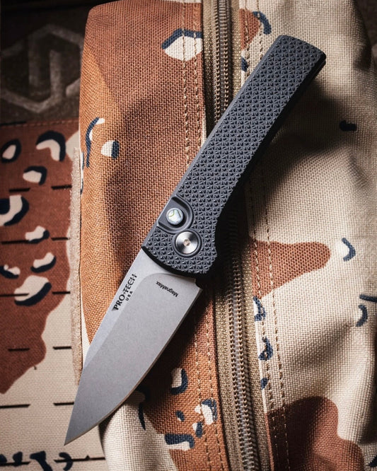 Pro-Tech-Pro-Tech x Chaves BST26.Scapegoat.1 Blade Show Texas 2026 Exclusive Scapegoat Auto - Black Carbide Textured Handles - Stonewash MAGNAMAX Blade - Abalone Button /120-1-Urban Cutlery