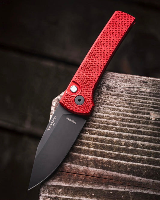 Pro-Tech-Pro-Tech x Chaves BSW26.Scapegoat.2 Blade Show West 2026 Exclusive Scapegoat Auto - Red Carbide Textured Handles - DLC Black MAGNAMAX Blade - Black Lip Pearl Button /150-1-Urban Cutlery