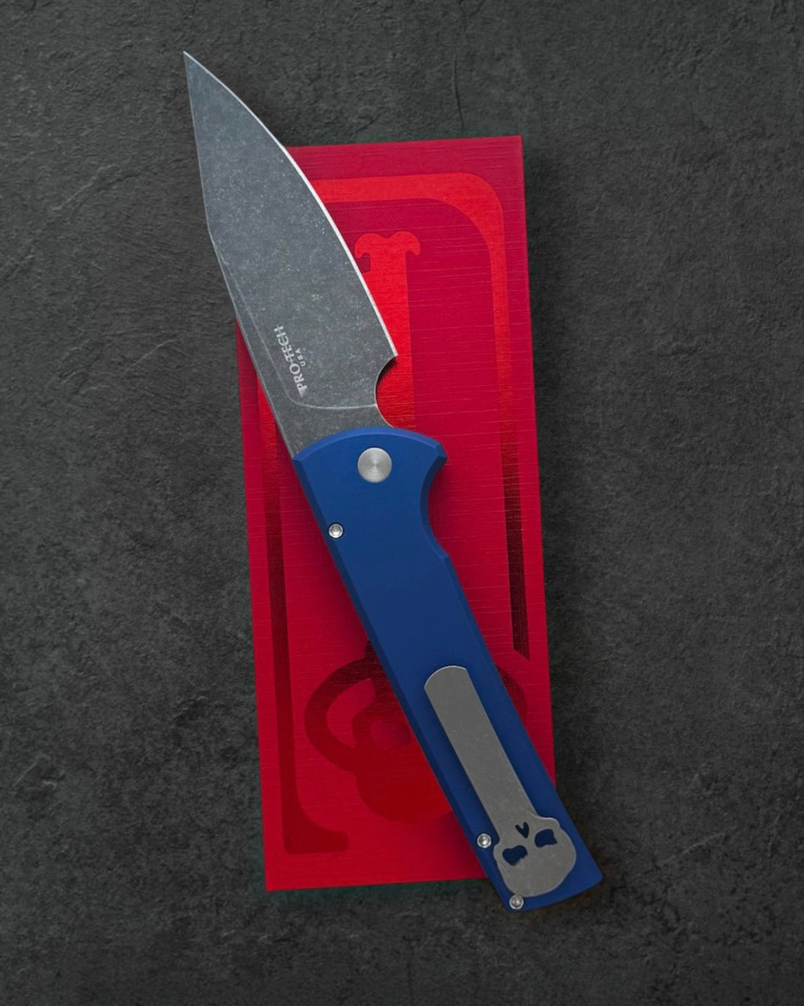 Pro-Tech-Pro-Tech x Chaves CCKSF26.RCS2101.AW.LTD.Blue CCKS Fall 2026 Exclusive Scapegoat Full-Size Auto - Blue Handles - Acid Wash Magnacut Blade - Abalone Button - Stonewash Titanium Milled Skull Clip /40-1-Urban Cutlery