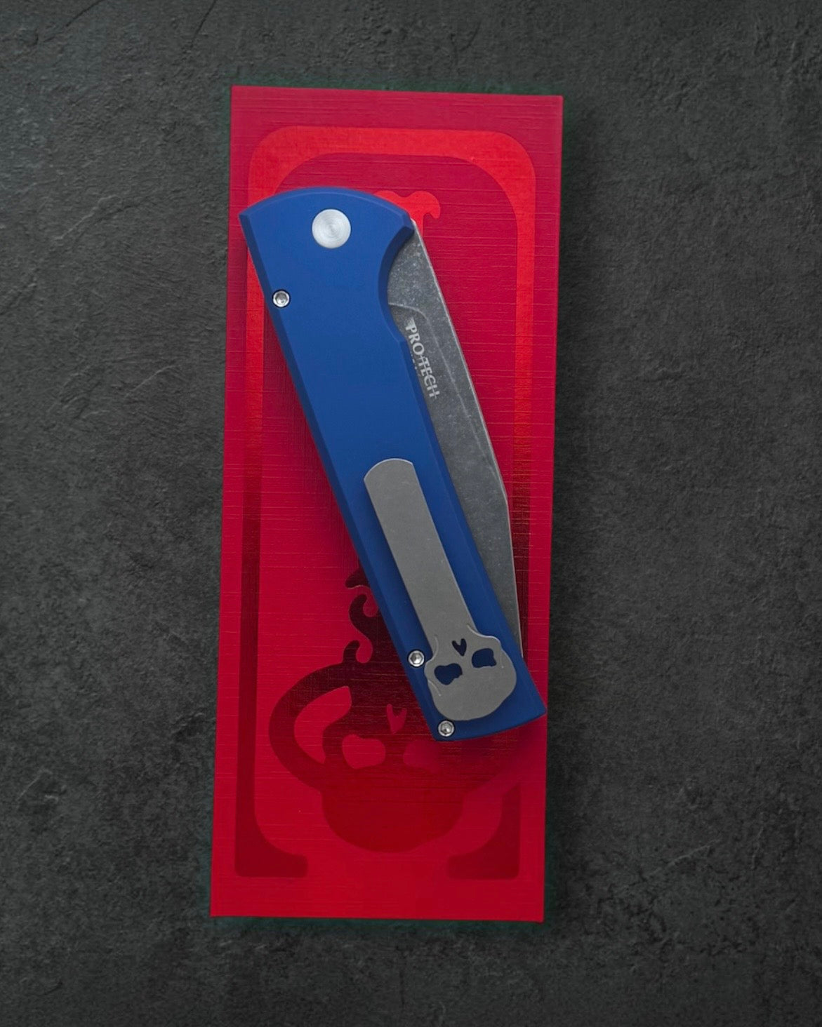 Pro-Tech-Pro-Tech x Chaves CCKSF26.RCS2101.AW.LTD.Blue CCKS Fall 2026 Exclusive Scapegoat Full-Size Auto - Blue Handles - Acid Wash Magnacut Blade - Abalone Button - Stonewash Titanium Milled Skull Clip /40-5-Urban Cutlery