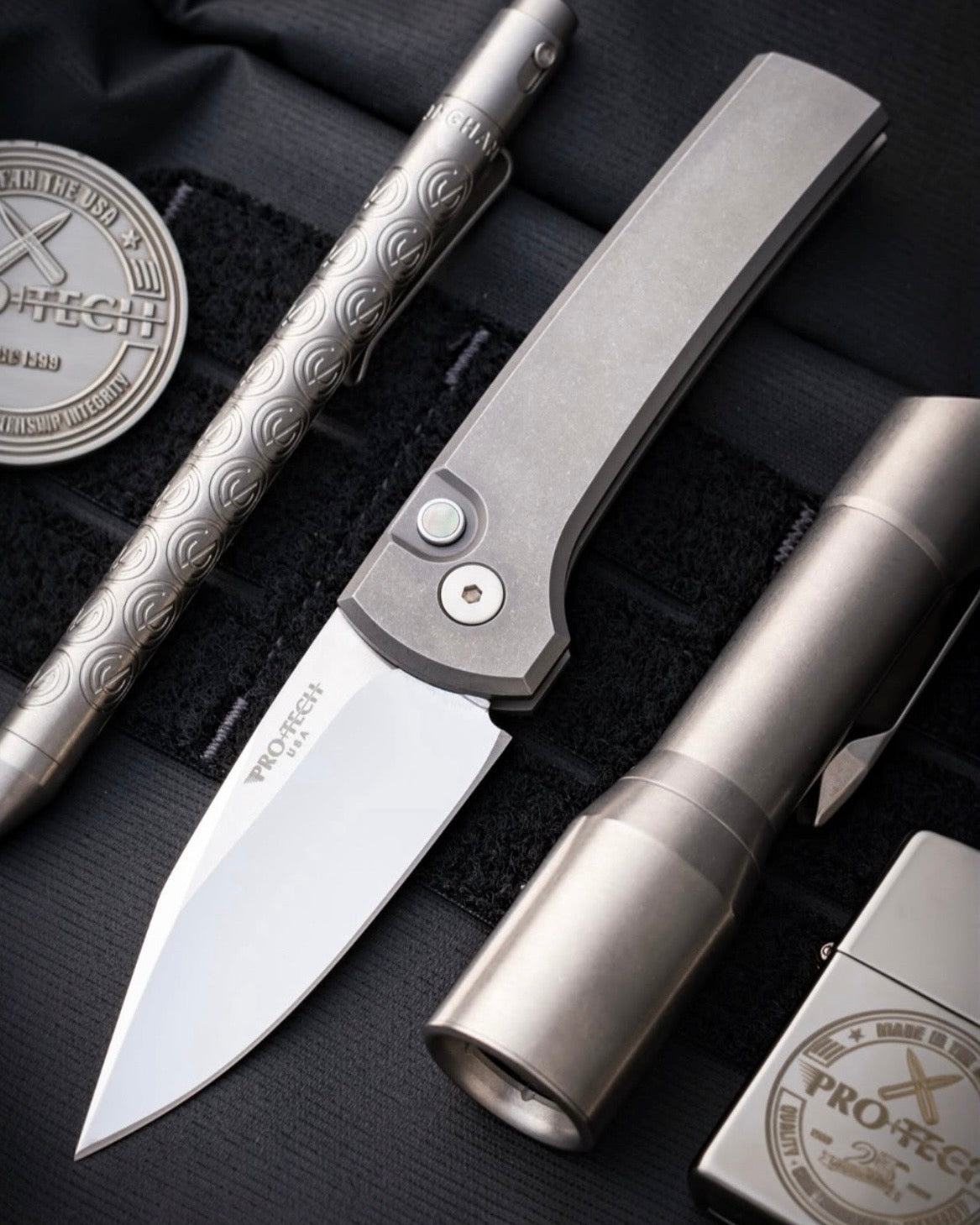 Pro-Tech-Pro-Tech x Chaves Custom Scapegoat (2026 Scapegoat Compact Custom 001) Blade Show Atlanta 2026 Exclusive Scapegoat Auto - Blasted & Stonewashed 17-4 Handles - Mike Irie Compound Ground 154cm Blade - Black Lip Pearl Button - Blue Ano Ti Clip-1-Urban Cutlery