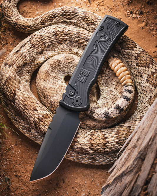 Pro-Tech-Pro-Tech x Chaves RCR2106.Key.Op Blade Show Texas 26 Exclusive 229 Redencion OPERATOR EDITON AUTO - Black Key Milled Handles - Sterile Black Drop Point S35vn Blade - Tritium Button - DLC Black Steel Milled Skull Clip-1-Urban Cutlery