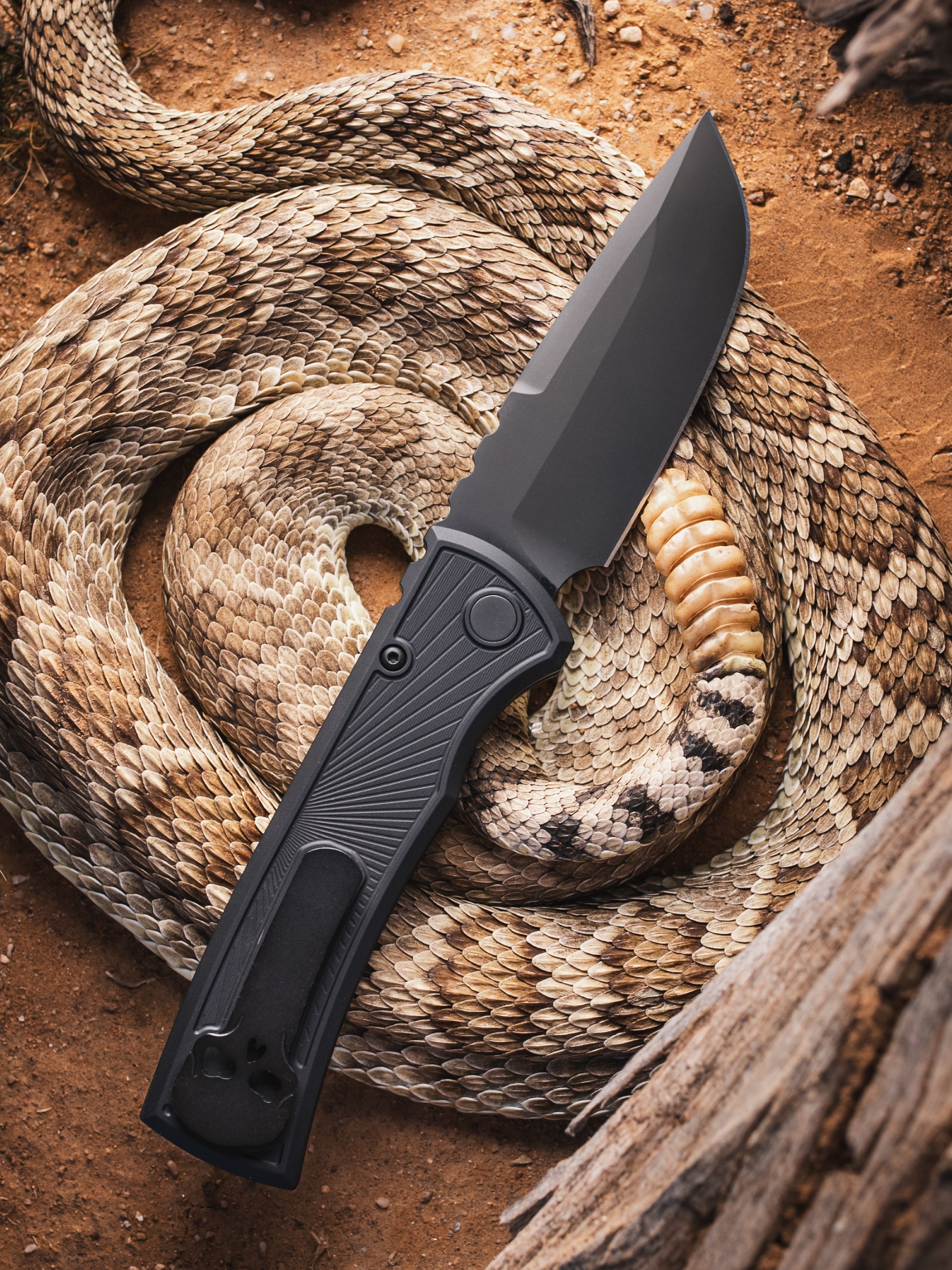 Pro-Tech-Pro-Tech x Chaves RCR2106.Key.Op Blade Show Texas 26 Exclusive 229 Redencion OPERATOR EDITON AUTO - Black Key Milled Handles - Sterile Black Drop Point S35vn Blade - Tritium Button - DLC Black Steel Milled Skull Clip-2-Urban Cutlery