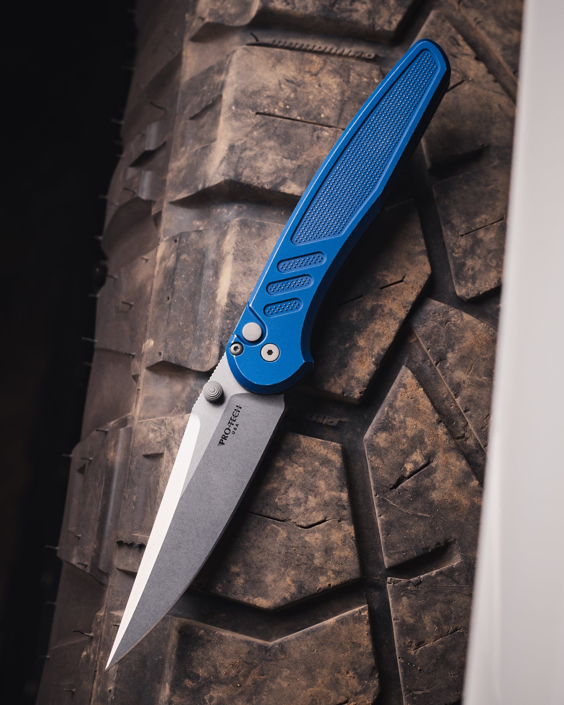 Pro-Tech-Pro-Tech x Peace Neighbor Avalon PN1101.BW.Blue - Battleworn Knurled Blue Aluminum Handle - Stonewash Magnacut Blade - Blasted Thumb Studs and Hardware - Blasted Long Deep Carry Clip-1-Urban Cutlery
