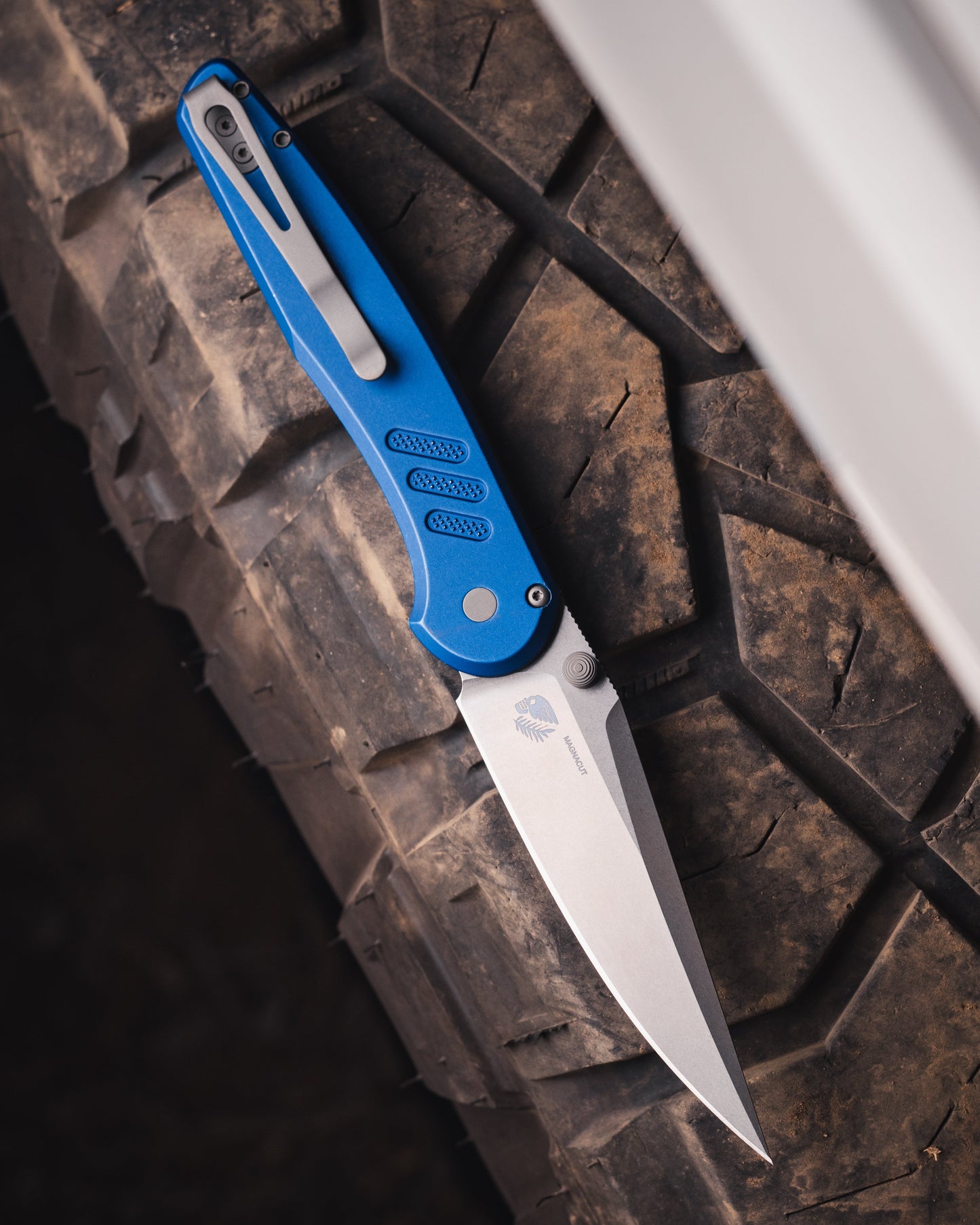 Pro-Tech-Pro-Tech x Peace Neighbor Avalon PN1101.BW.Blue - Battleworn Knurled Blue Aluminum Handle - Stonewash Magnacut Blade - Blasted Thumb Studs and Hardware - Blasted Long Deep Carry Clip-2-Urban Cutlery