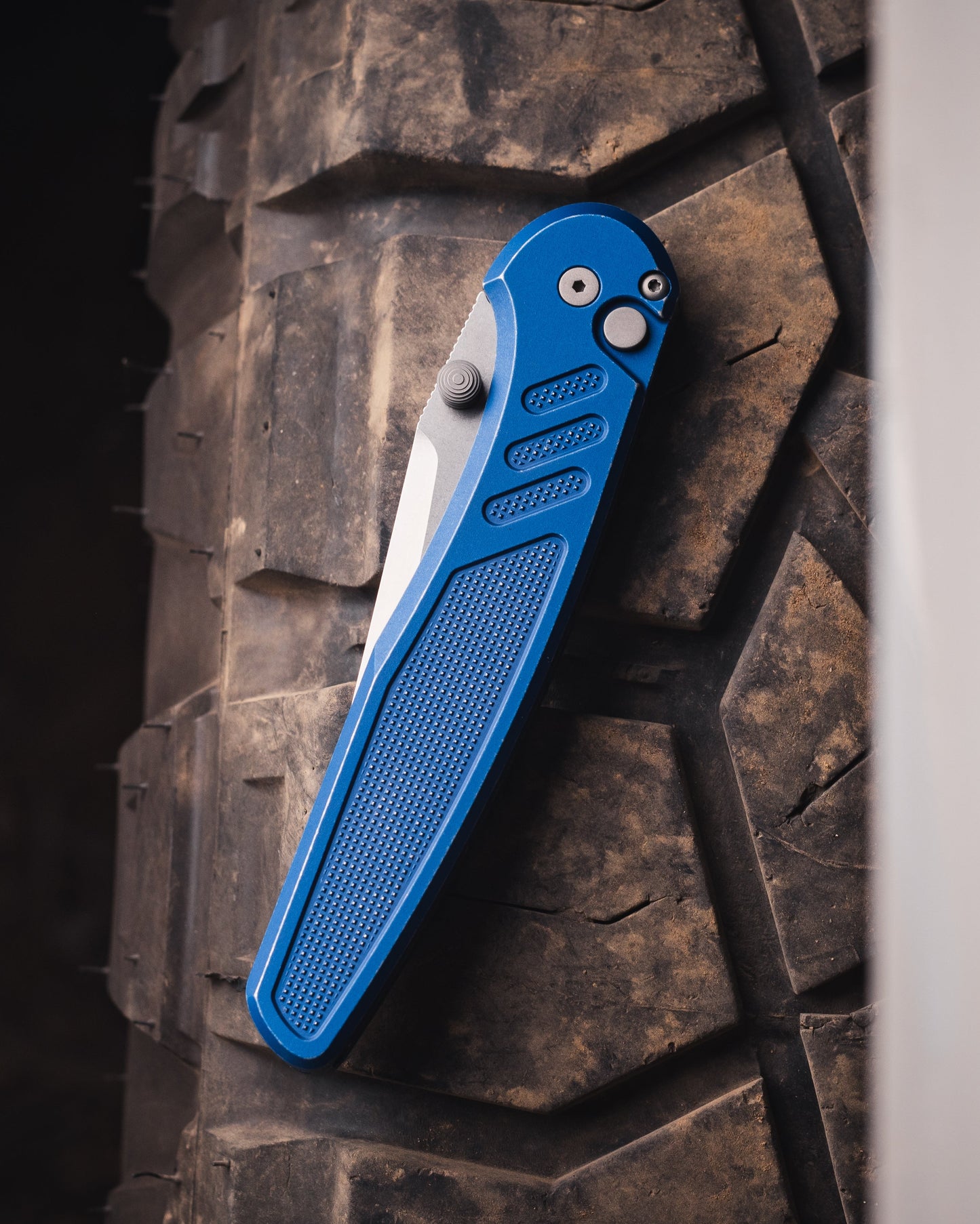 Pro-Tech-Pro-Tech x Peace Neighbor Avalon PN1101.BW.Blue - Battleworn Knurled Blue Aluminum Handle - Stonewash Magnacut Blade - Blasted Thumb Studs and Hardware - Blasted Long Deep Carry Clip-3-Urban Cutlery