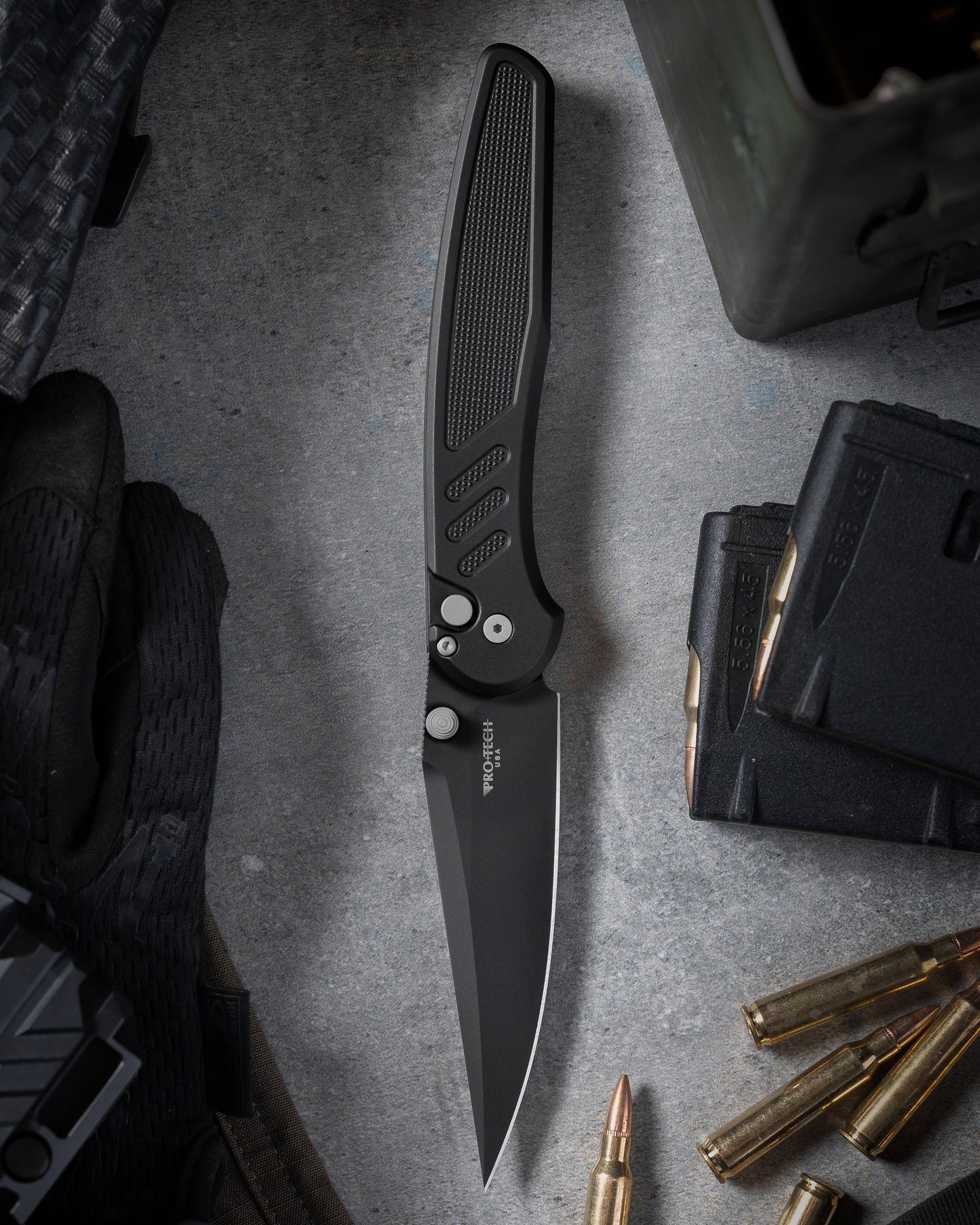 Pro-Tech-Pro-Tech x Peace Neighbor Avalon PN1103 - Knurled Black Aluminum Handle - DLC Black Magnacut Blade - Blasted Thumb Studs and Hardware - Black Long Deep Carry Clip-1-Urban Cutlery