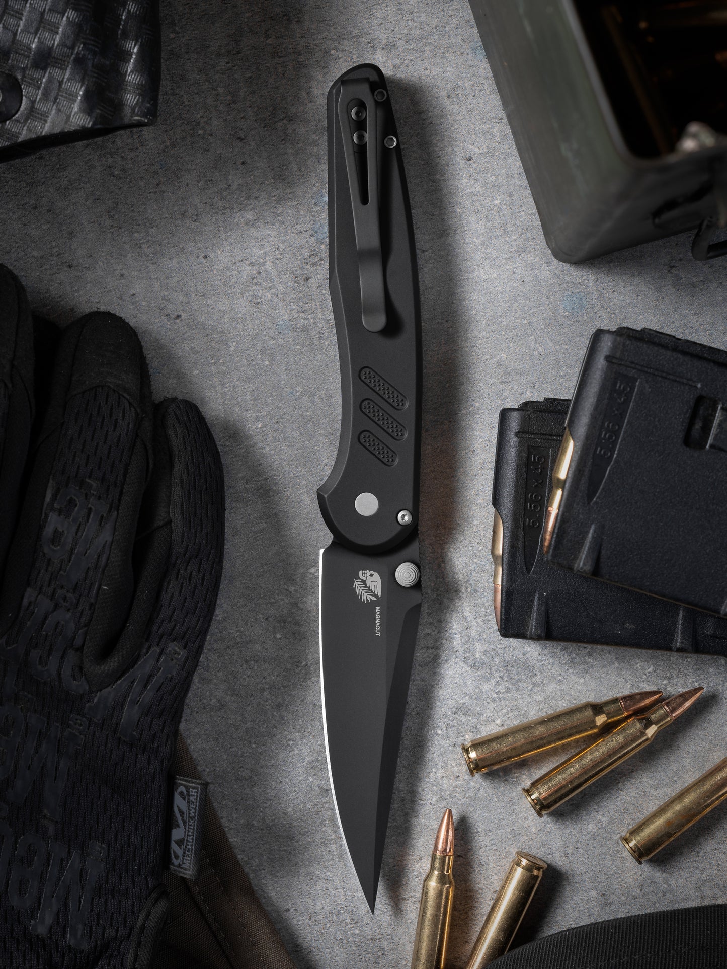 Pro-Tech-Pro-Tech x Peace Neighbor Avalon PN1103 - Knurled Black Aluminum Handle - DLC Black Magnacut Blade - Blasted Thumb Studs and Hardware - Black Long Deep Carry Clip-2-Urban Cutlery
