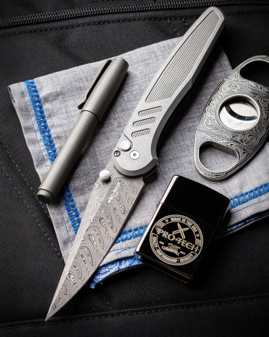 Pro-Tech-Pro-Tech x Peace Neighbor Custom Avalon (2026 Avalon Custom 005) - Knurled 17-4 Heat Treated Steel Handle - Chad Nichols "Boomerang" Stainless Damascus Blade - Black Lip Pearl Button - Satin Thumb Studs and Hardware - Polished Long Deep Carry Clip-1-Urban Cutlery