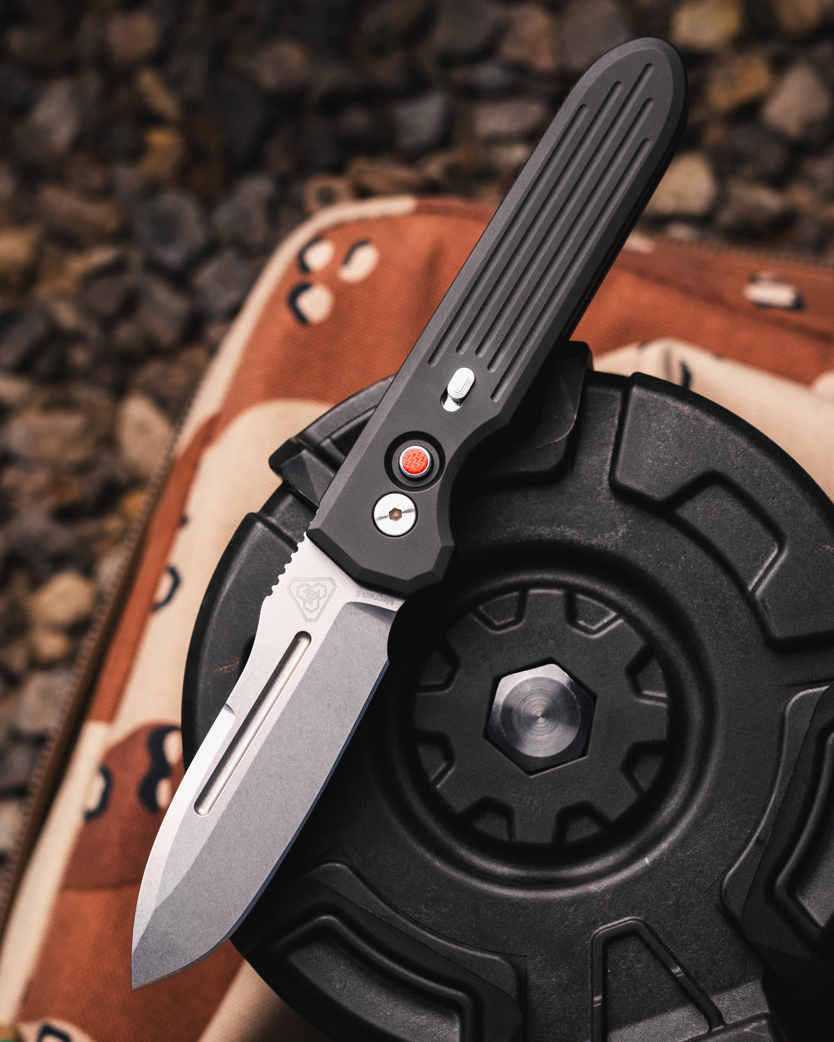 Pro-Tech-ProTech x Prometheus Design Werx 1804 Invictus Auto - Black Handles - Stonewash Magnacut Blade - Red G-10 Button - NEW STEEL SAFETY-1-Urban Cutlery