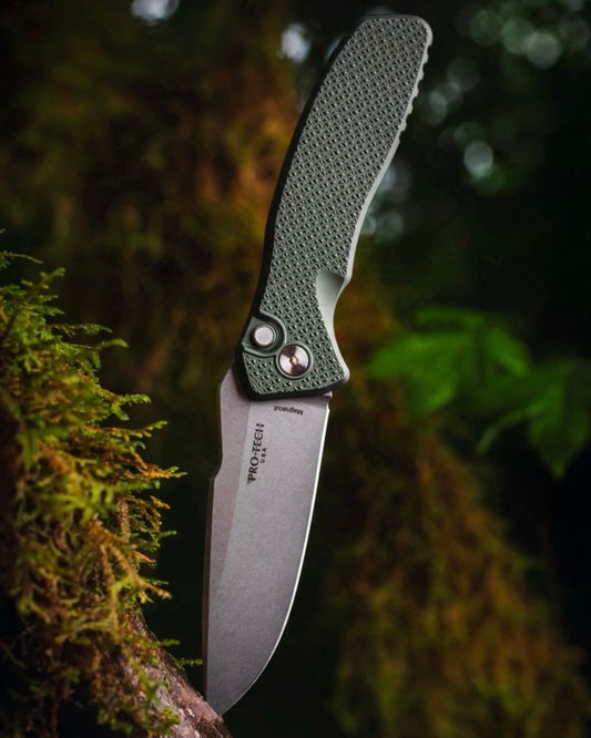 Pro-Tech-ProTech x Spartan Blades BSW26.Pallas.1 Blade Show West 2026 Exclusive Pallas Auto - Green Carbide Textured Handles - Stonewash Magnacut Blade - White Pearl Button - Satin Hardware /85-1-Urban Cutlery