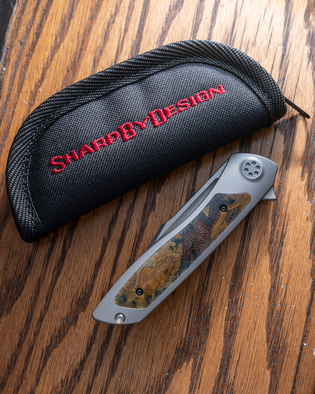 Sharp by Design T10 – Burl Micarta Inlay Handle - Etched Blade #2