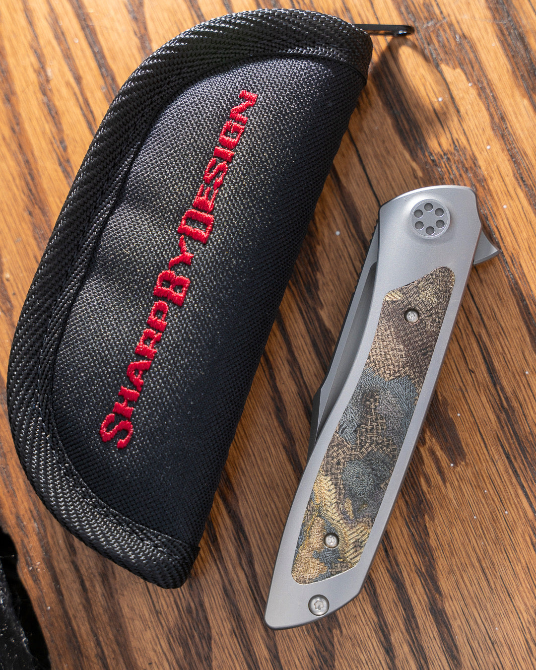 Sharp by Design T10 – Burl Micarta Inlay Handle - Etched Blade #1