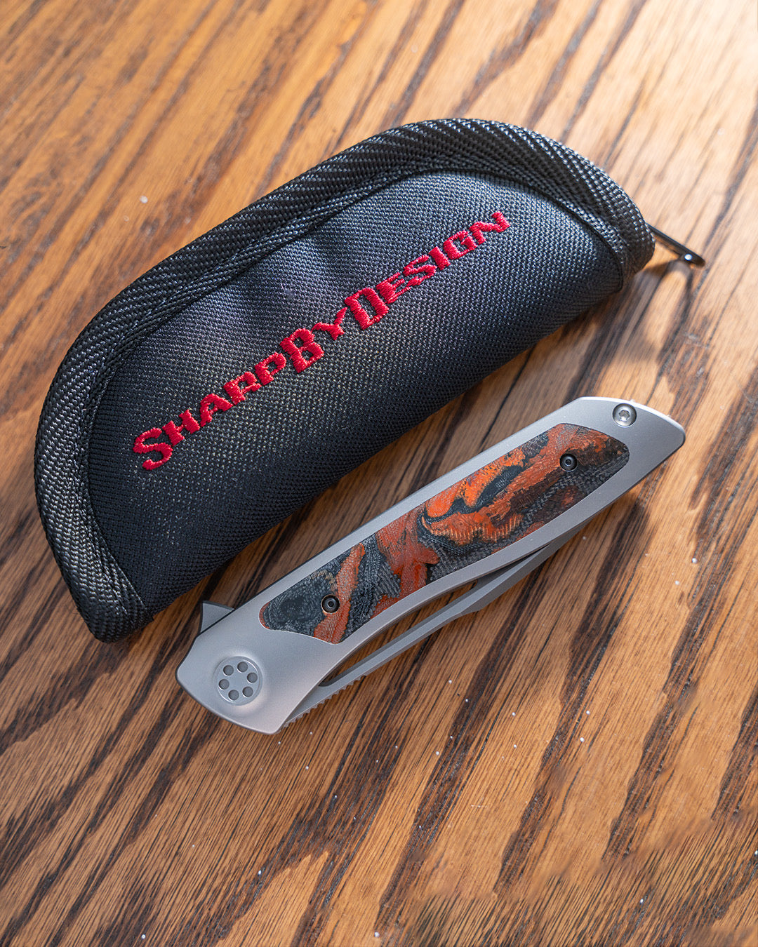 Sharp by Design T10 – Burl Micarta Inlay Handle - Etched & Slotted Blade #1