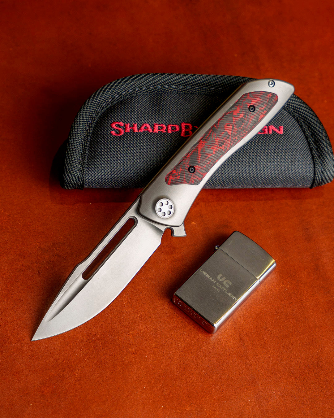 Sharp by Design-Sharp by Design Mini T10 – Inferno Red Carbon Fiber Inlay Handles - Slotted Drop Point-1-Urban Cutlery