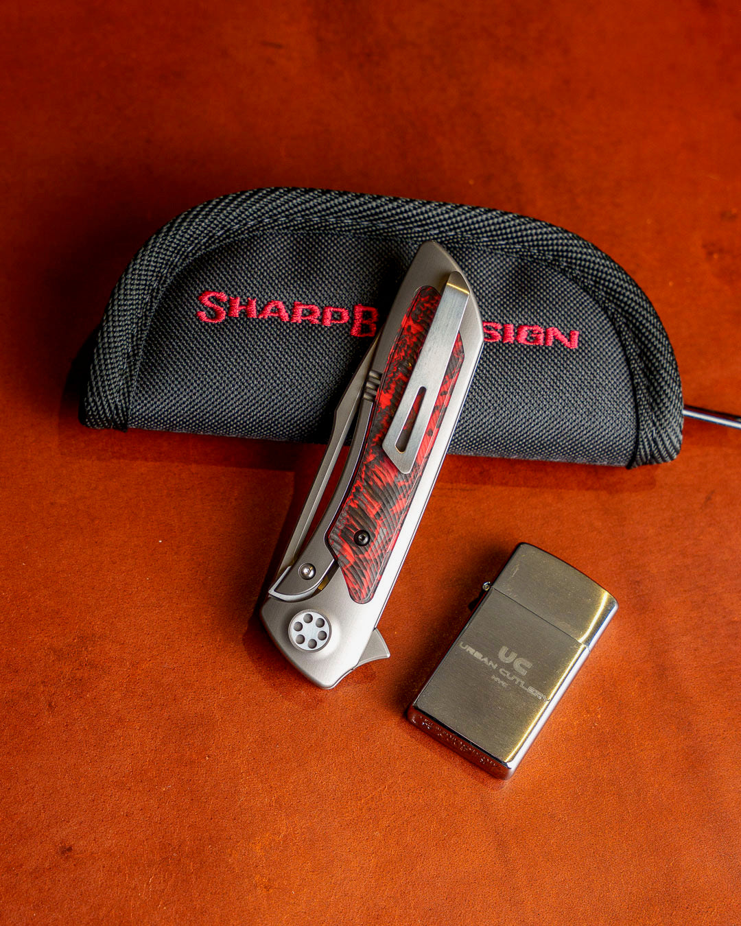 Sharp by Design-Sharp by Design Mini T10 – Inferno Red Carbon Fiber Inlay Handles - Slotted Drop Point-4-Urban Cutlery