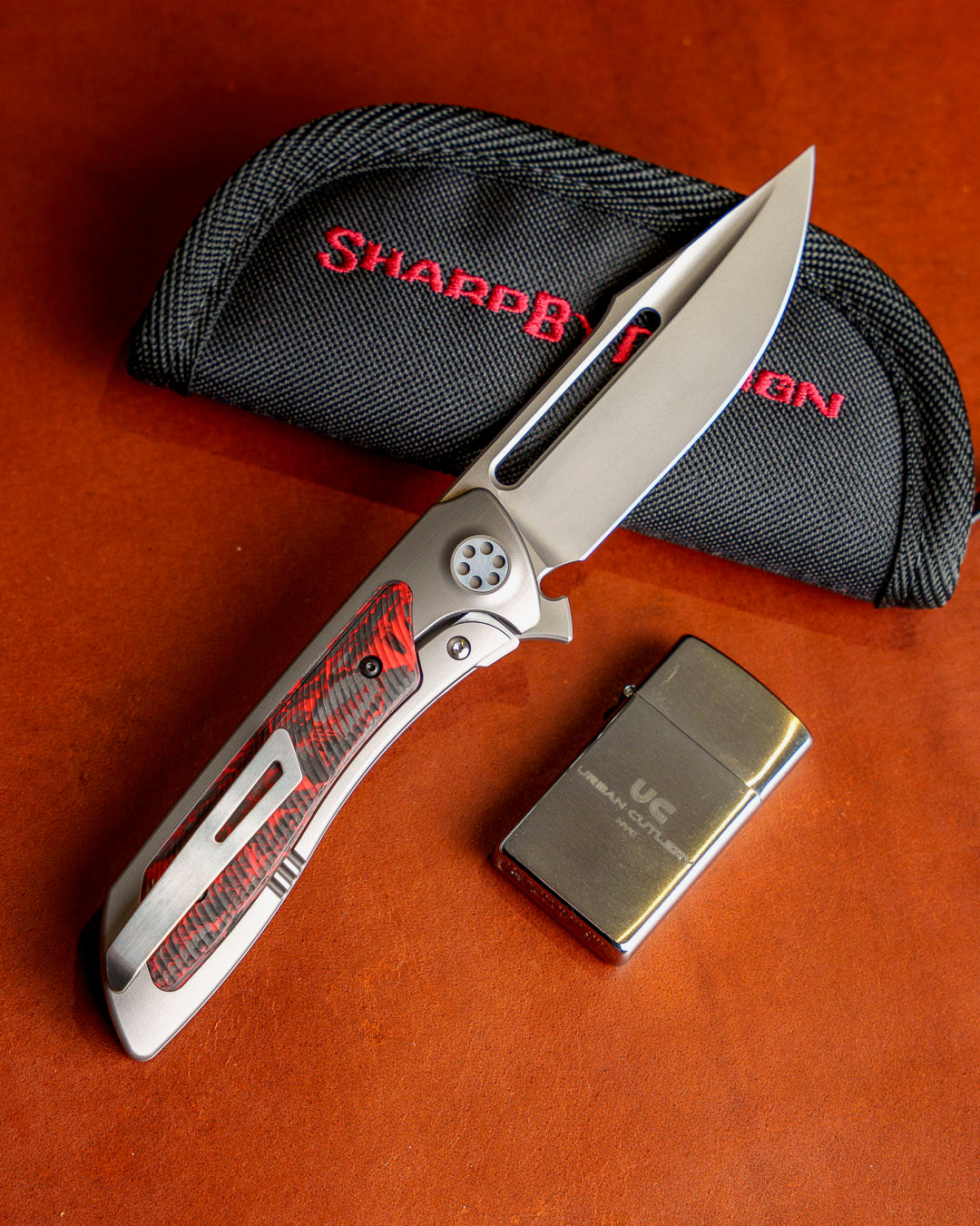 Sharp by Design-Sharp by Design Mini T10 – Inferno Red Carbon Fiber Inlay Handles - Slotted Harpoon Clip Point-2-Urban Cutlery