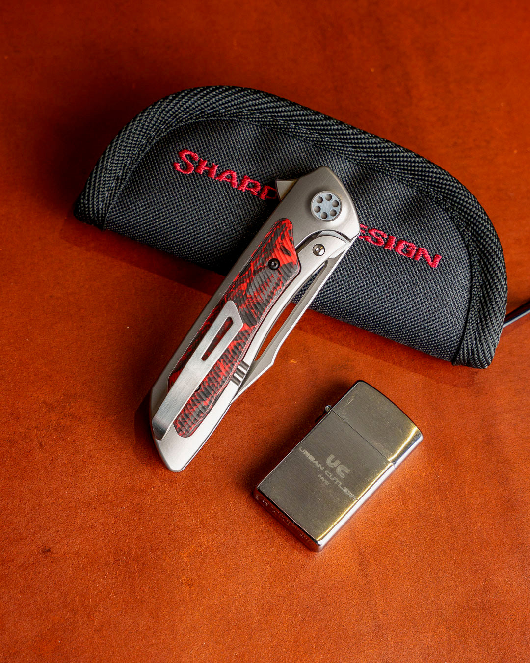 Sharp by Design-Sharp by Design Mini T10 – Inferno Red Carbon Fiber Inlay Handles - Slotted Harpoon Clip Point-4-Urban Cutlery