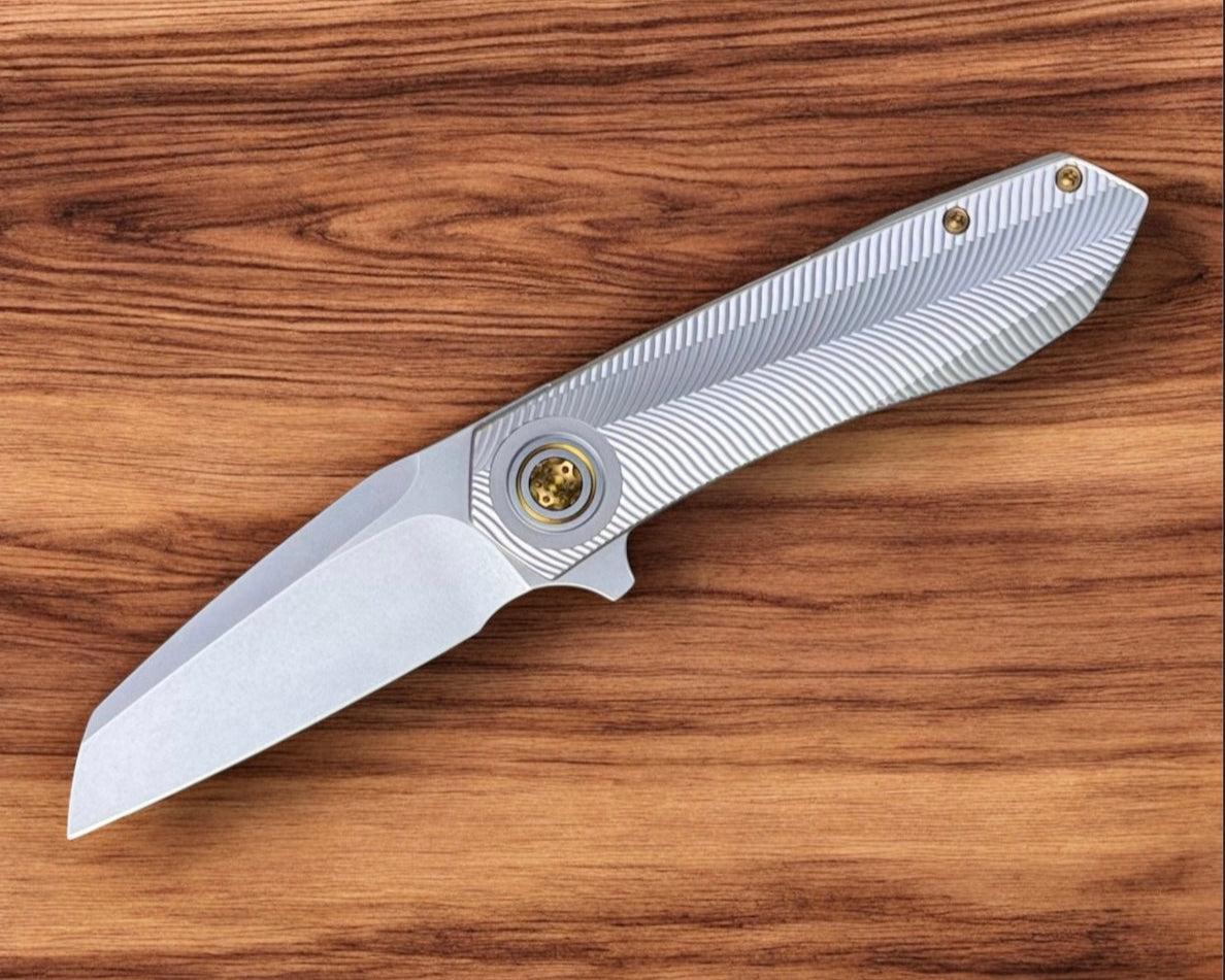 Skiff Workshop-Skiff Made Blades Asylum, Stonewashed Elmax Blade, Milled Titanium Scales, Bronze Pivot and Hardware, #85-2-Urban Cutlery