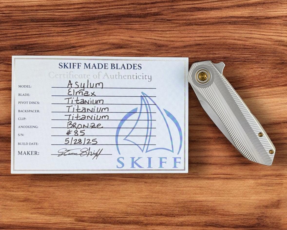 Skiff Workshop-Skiff Made Blades Asylum, Stonewashed Elmax Blade, Milled Titanium Scales, Bronze Pivot and Hardware, #85-7-Urban Cutlery