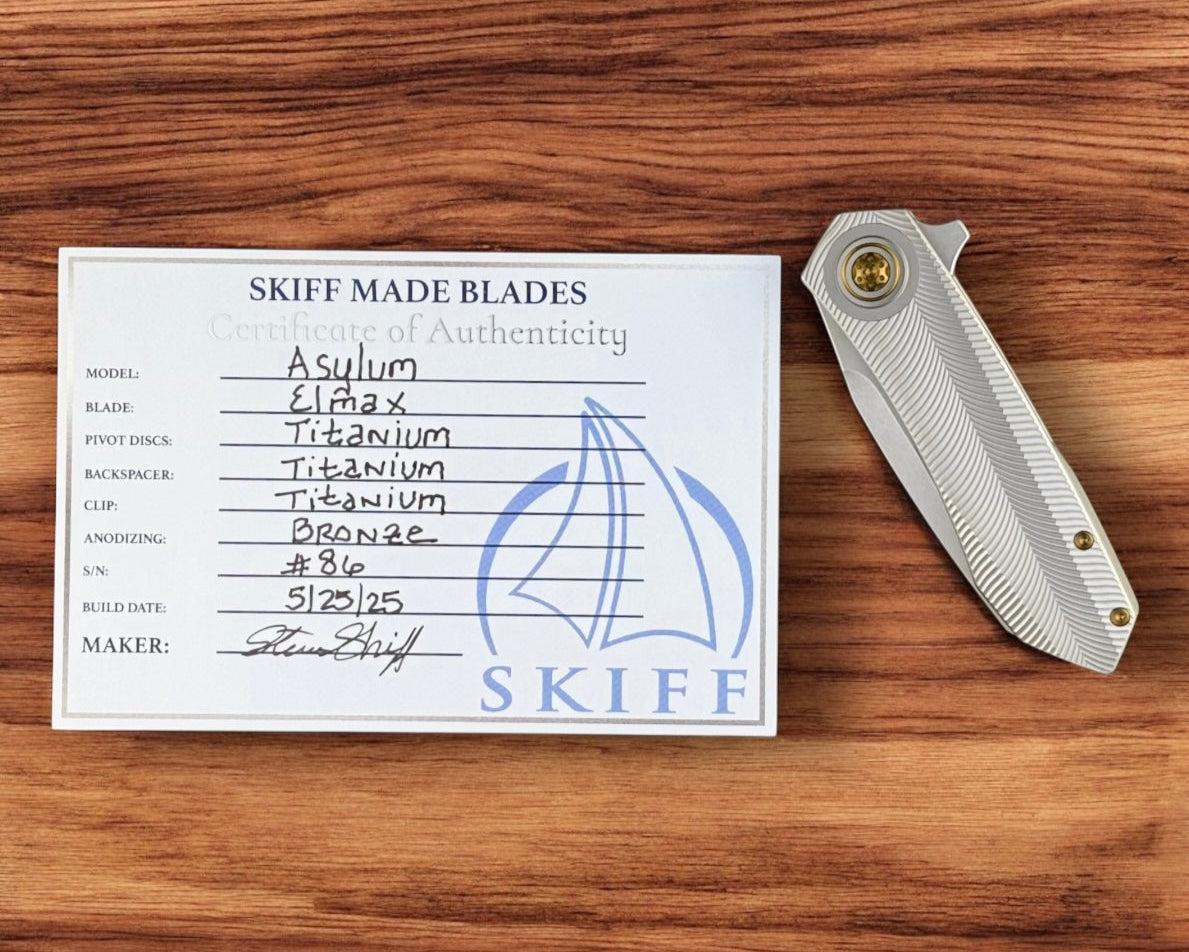 Skiff Workshop-Skiff Made Blades Asylum, Stonewashed Elmax Blade, Milled Titanium Scales, Bronze Pivot and Hardware, #86-7-Urban Cutlery