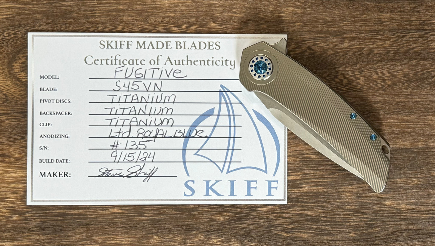 Skiff Workshop-Skiff Made Blades Fugitive, S45VN Blade, Milled Titanium Scales, Ltd Royal Blue Ti Pivot Collar and Hardware, #135-6-Urban Cutlery