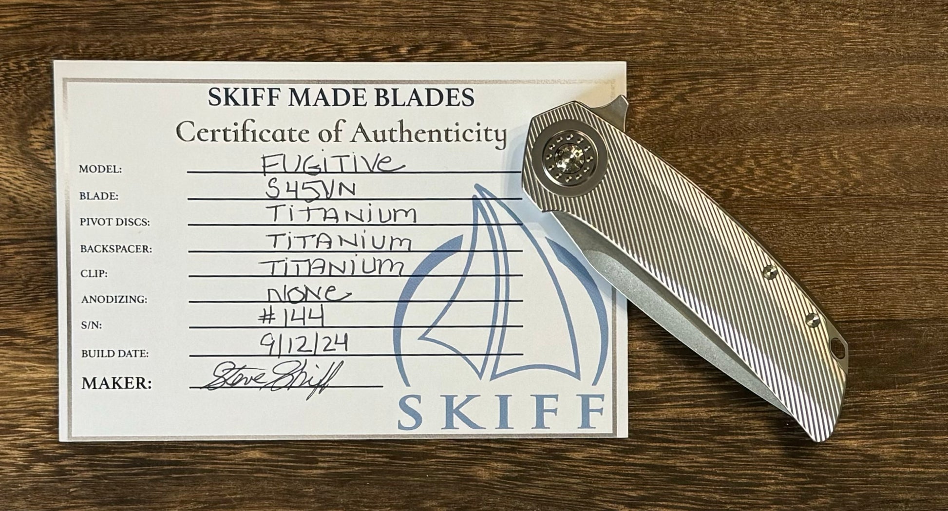 Skiff Workshop-Skiff Made Blades Fugitive, S45VN Blade, Milled Titanium Scales, Ti Pivot Collar and Hardware, #144-6-Urban Cutlery