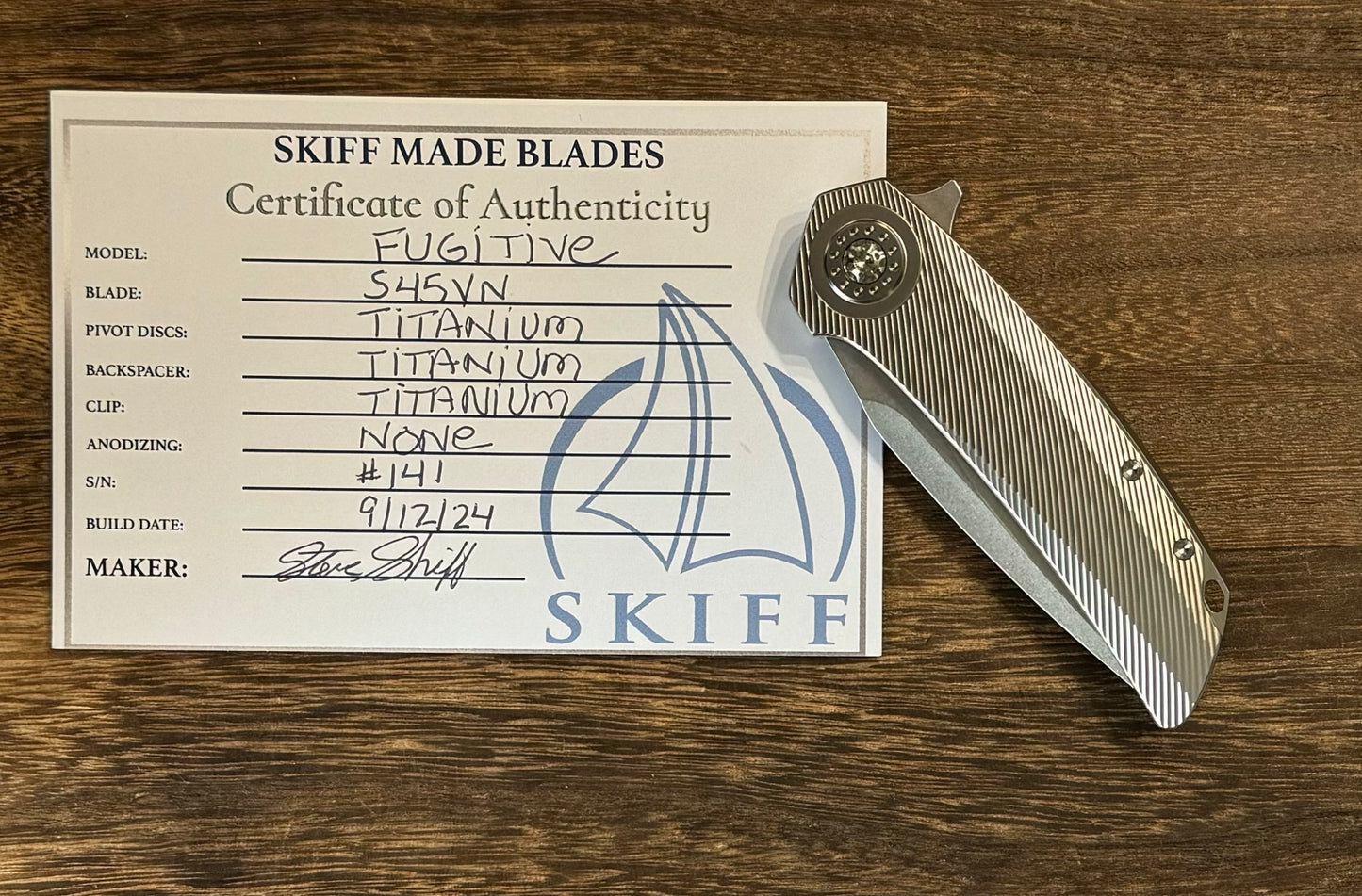 Skiff Workshop-Skiff Made Blades Fugitive, S45VN Blade, Milled Titanium Scales, Two Tone Bead Blasted Pivot Collar, Backspacer and Clip, #141-6-Urban Cutlery
