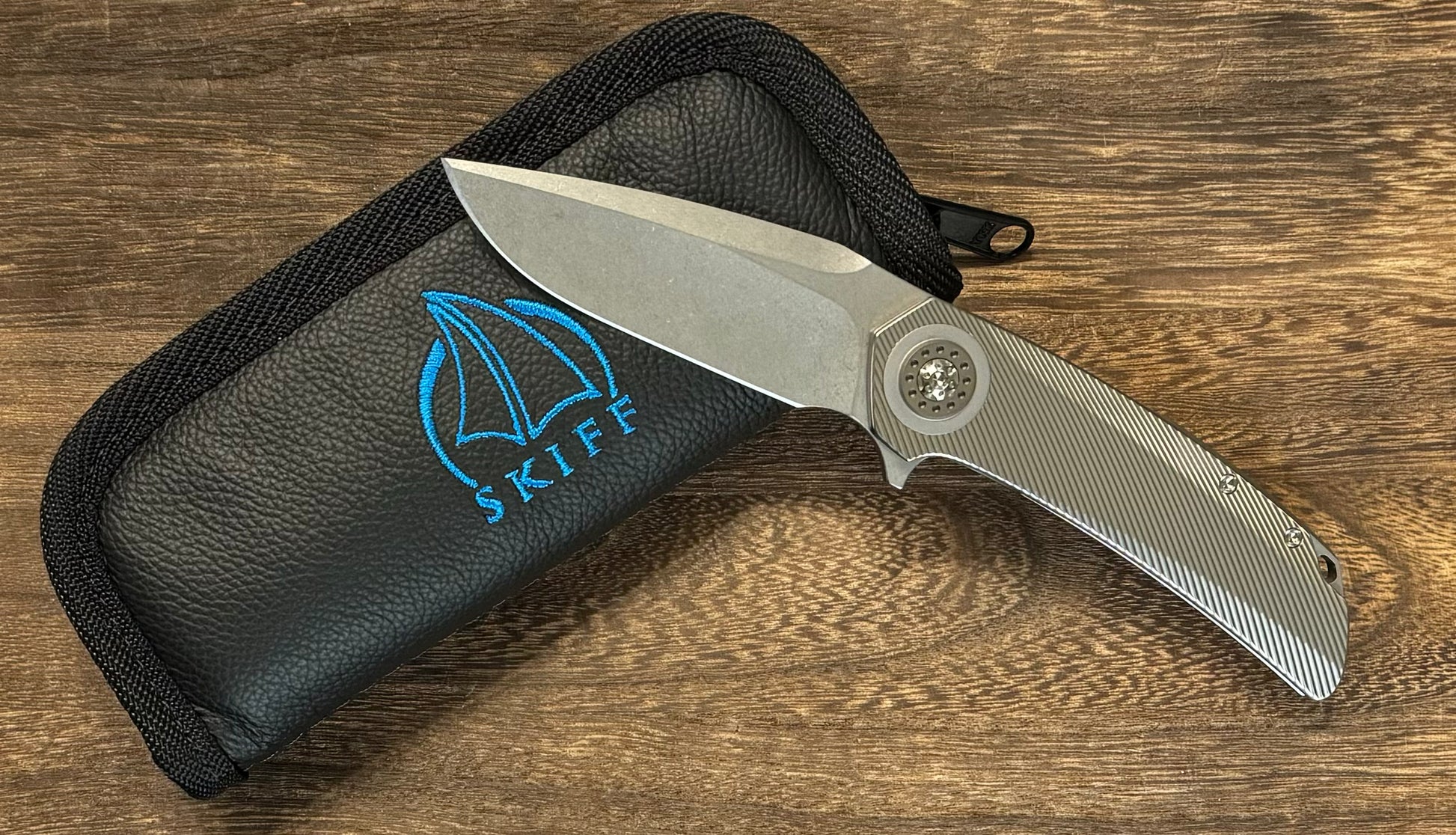 Skiff Workshop-Skiff Made Blades Fugitive, S45VN Blade, Milled Titanium Scales, Two Tone Bead Blasted Pivot Collar, Backspacer and Clip, #143-1-Urban Cutlery