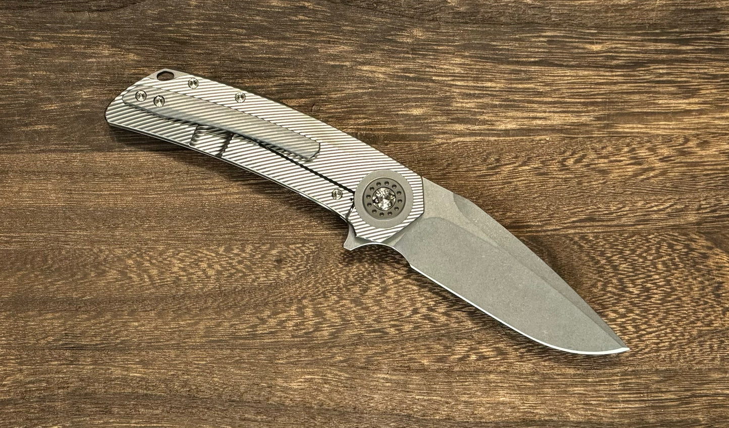 Skiff Workshop-Skiff Made Blades Fugitive, S45VN Blade, Milled Titanium Scales, Two Tone Bead Blasted Pivot Collar, Backspacer and Clip, #143-3-Urban Cutlery