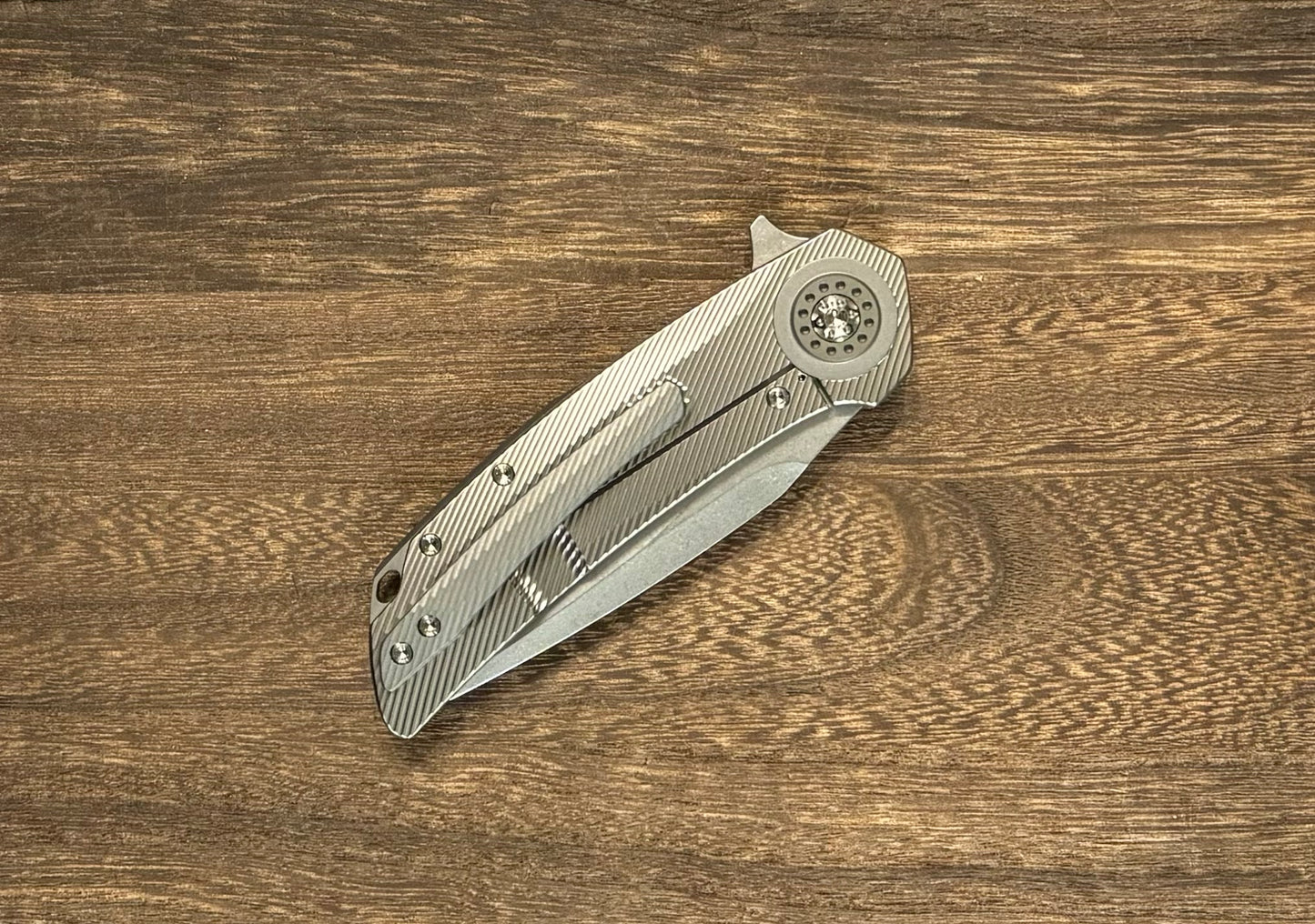 Skiff Workshop-Skiff Made Blades Fugitive, S45VN Blade, Milled Titanium Scales, Two Tone Bead Blasted Pivot Collar, Backspacer and Clip, #143-5-Urban Cutlery