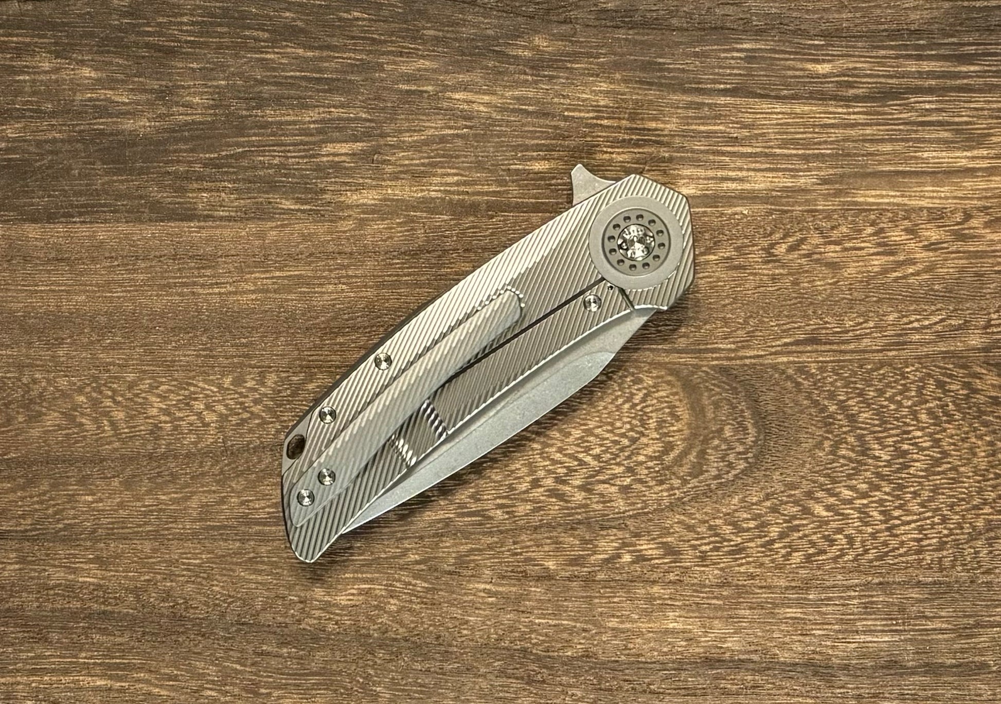 Skiff Workshop-Skiff Made Blades Fugitive, S45VN Blade, Milled Titanium Scales, Two Tone Bead Blasted Pivot Collar, Backspacer and Clip, #143-5-Urban Cutlery