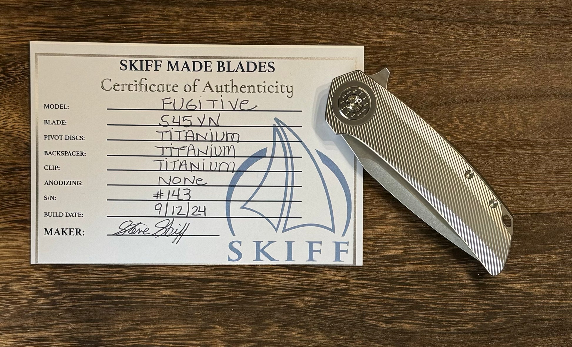 Skiff Workshop-Skiff Made Blades Fugitive, S45VN Blade, Milled Titanium Scales, Two Tone Bead Blasted Pivot Collar, Backspacer and Clip, #143-6-Urban Cutlery
