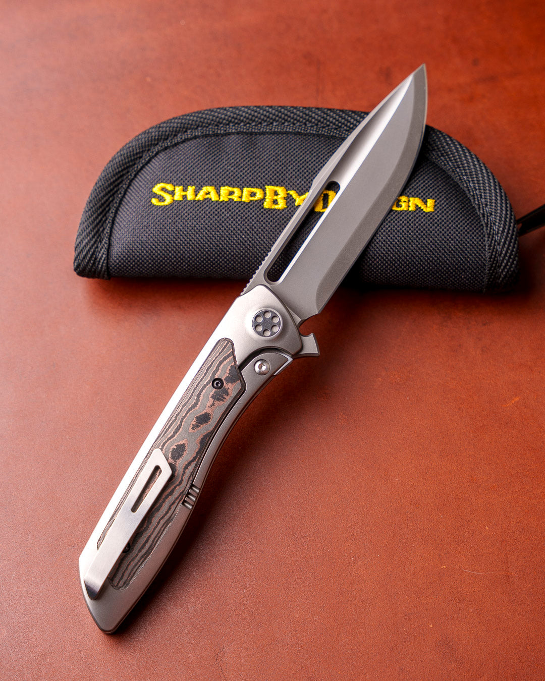Sharp by Design T10 – FC Copper Camo Inlay Handles - Etched & Slotted Blade