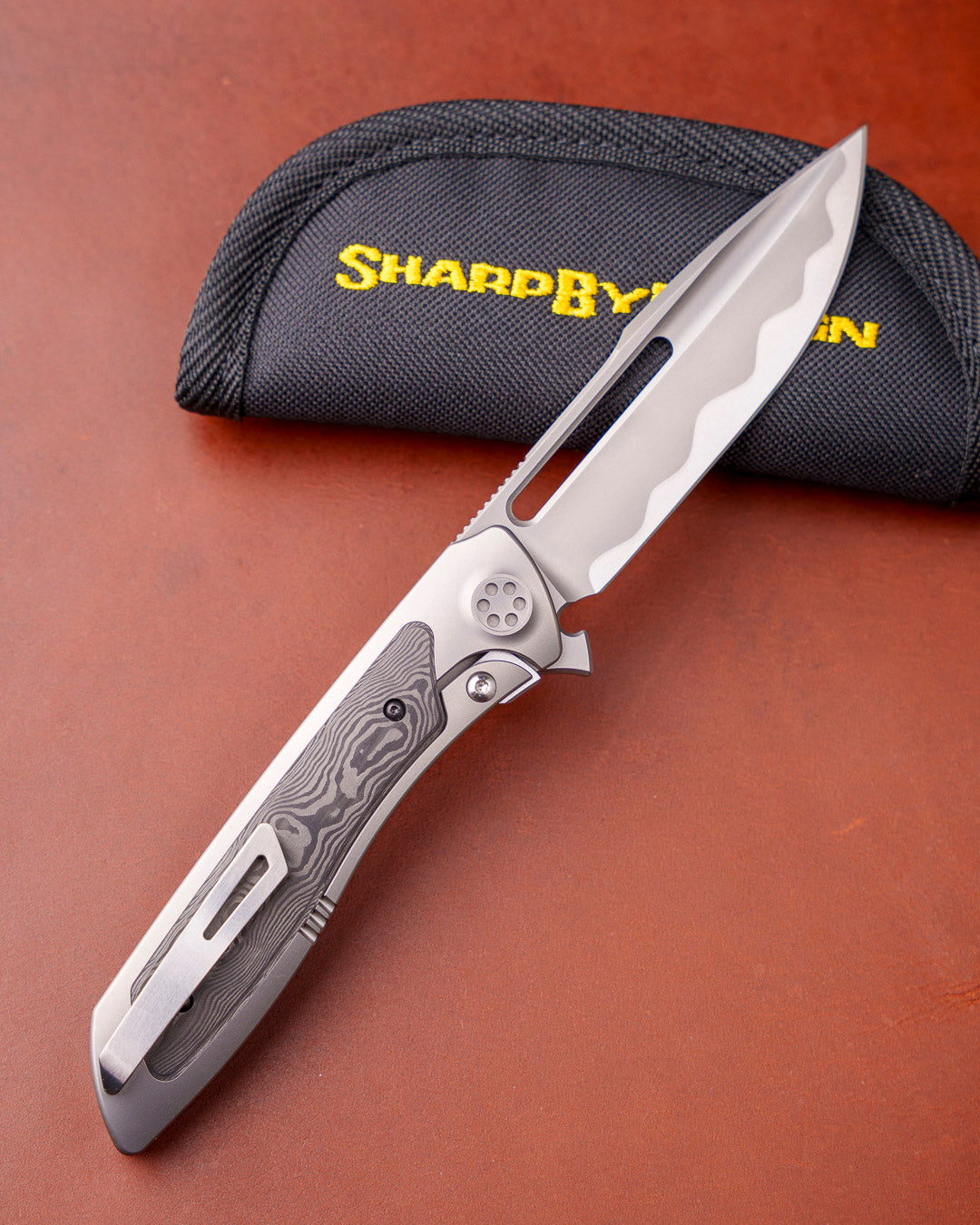 Sharp by Design T10 – FC Black Camo Inlay Handles - Etched & Slotted Blade