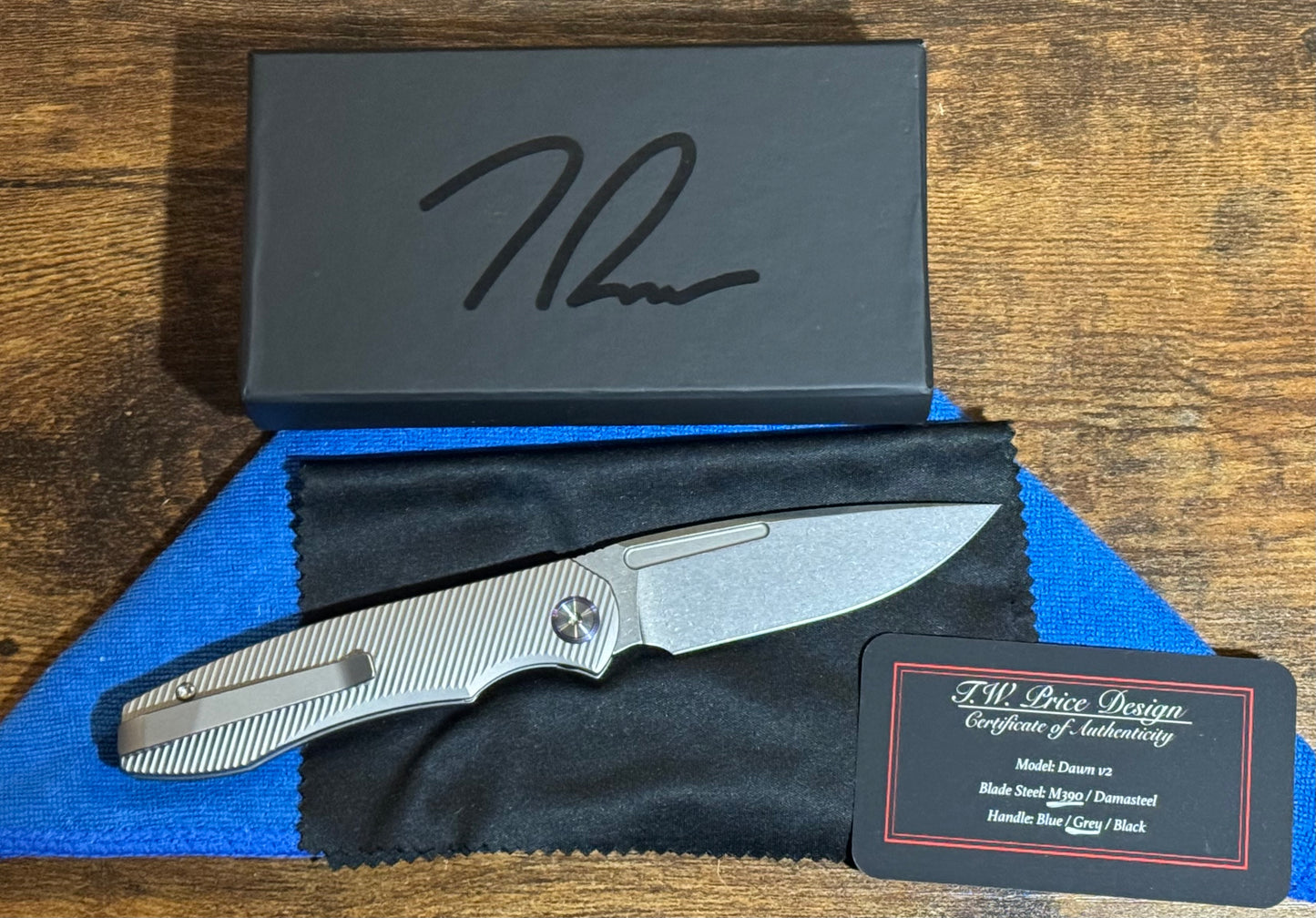 T.W. Price Design-TW PRICE DAWN V2 POLISHED STONEWASHED M390 BLADE/BEAD BLAST TITANIUM HANDLE-2-Urban Cutlery