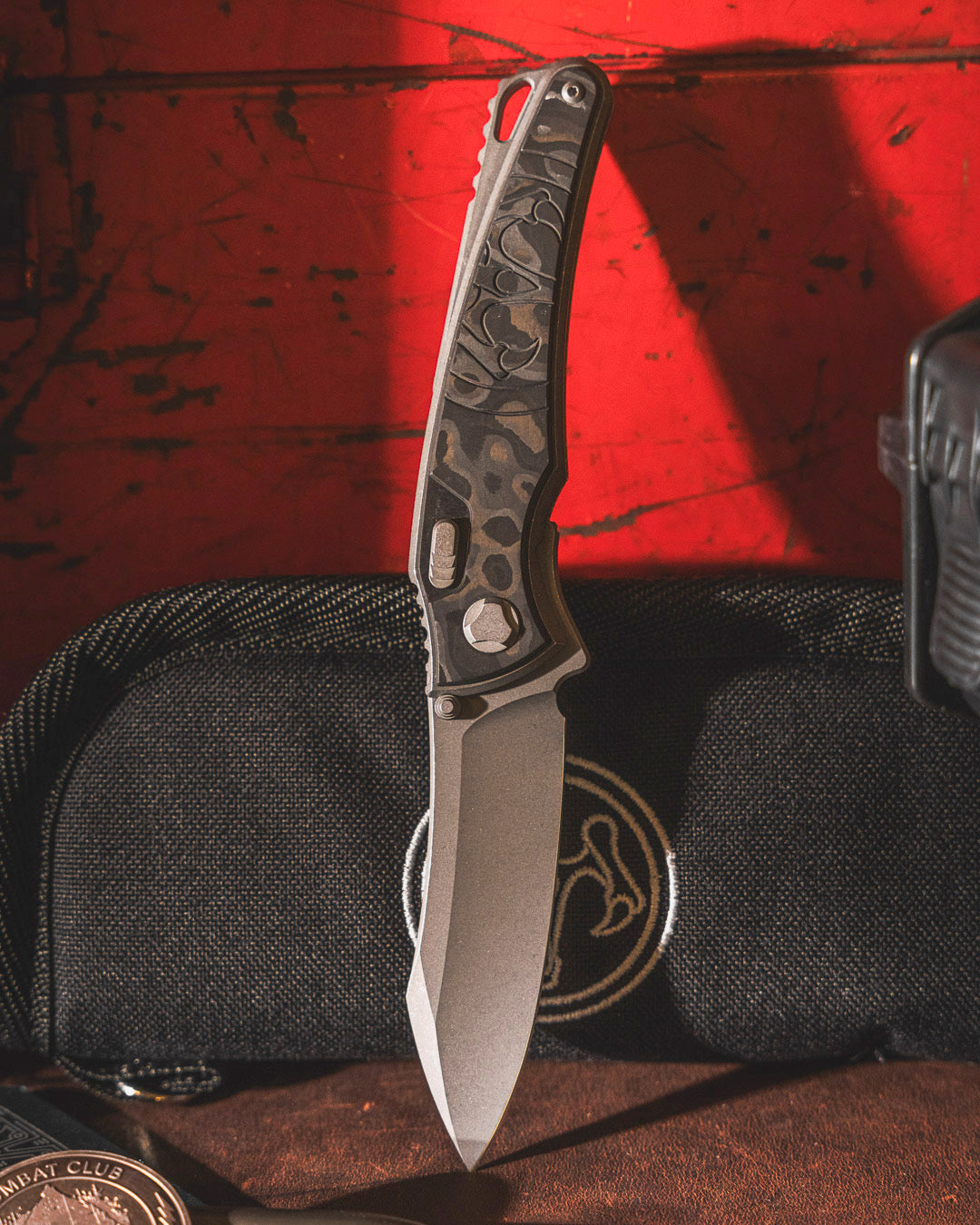 Hawk Knives Talon - Black Camo Fat Carbon Handle Inlay - Tumbled M390 Blade