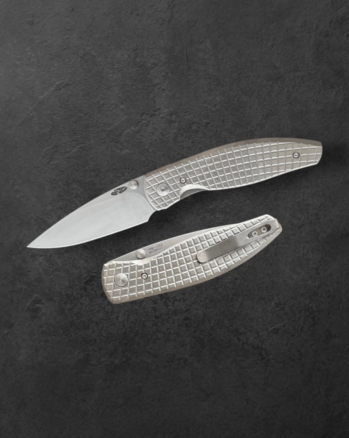 Three Rivers Mfg.-Three Rivers Mfg. (TRM) Atom - 3D Contoured Titanium "FRAG" Handles - MAGNACUT Blade-1-Urban Cutlery