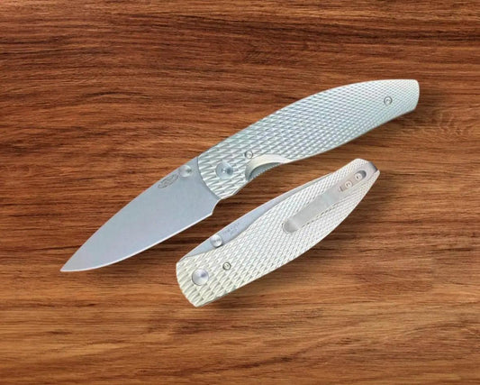 Three Rivers Mfg.-Three Rivers Mfg. (TRM) Atom - 3D Contoured Titanium LIZARD SKIN Handles - 20CV Blade-1-Urban Cutlery