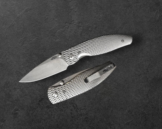 Three Rivers Mfg.-Three Rivers Mfg. (TRM) Atom - 3D Contoured Titanium LIZARD SKIN Handles - 20CV Blade-1-Urban Cutlery